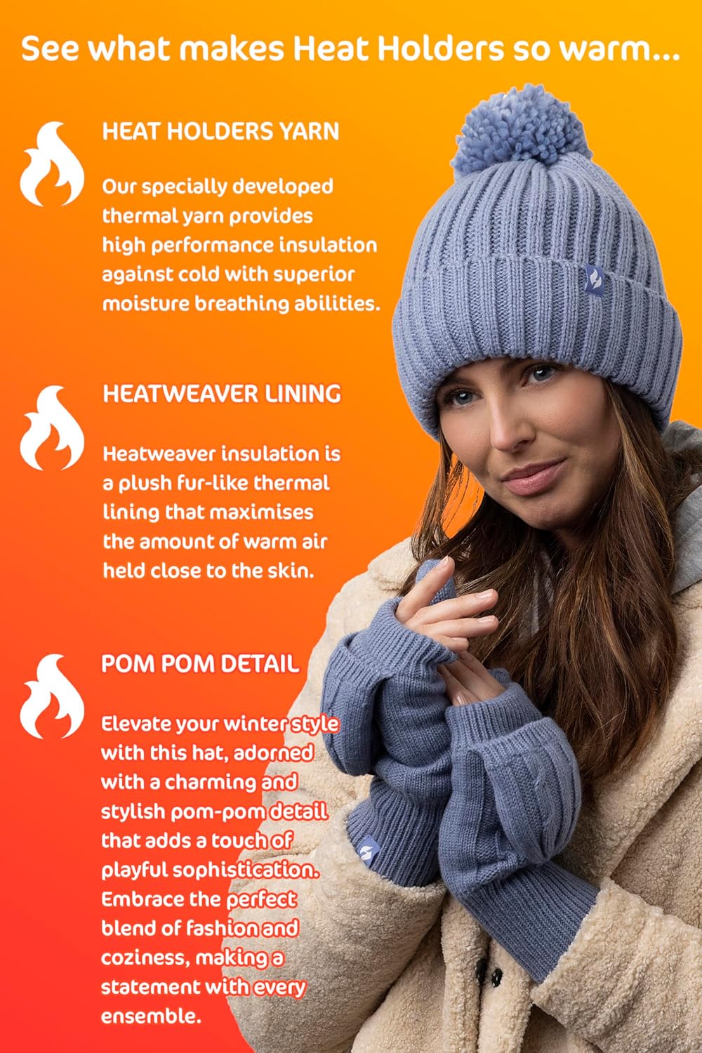 HEAT HOLDERS - Womens Chunky Knit Fleece Lined Thermal Winter Hat with Pom Pom