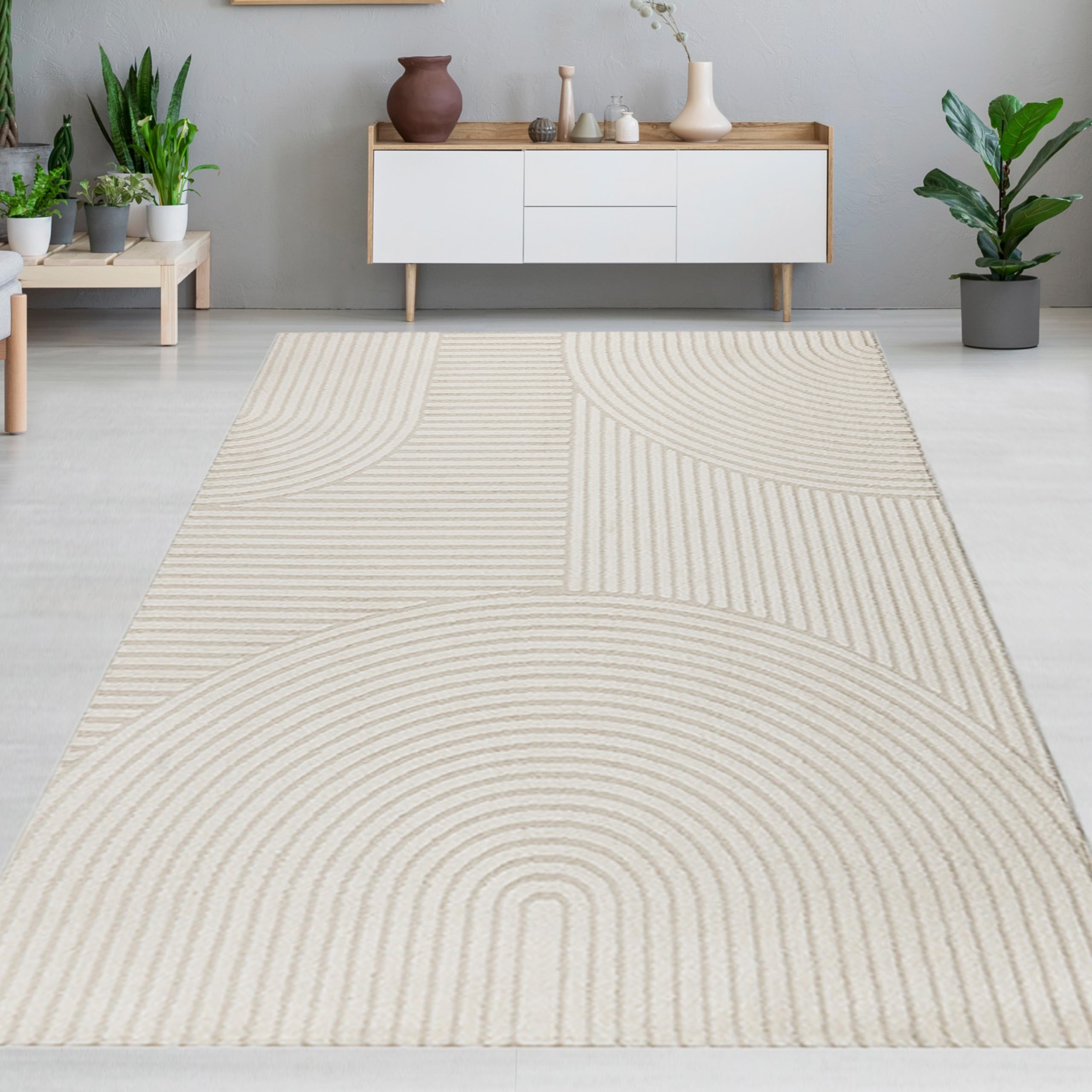 CARPETIA Tapis Salon Chambre Moderne Designer Tapis Effet Relief 3D Lignes Doux Unicolore Crème Clair 120 x 170 cm