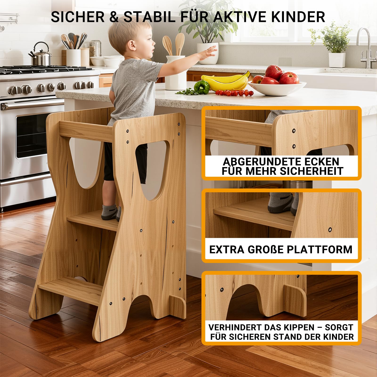 COSYLAND Lernturm ab 1 Jahr - Learning Tower - Höhenverstellbar Montessori Lernturm mit Kippschutz, Natur