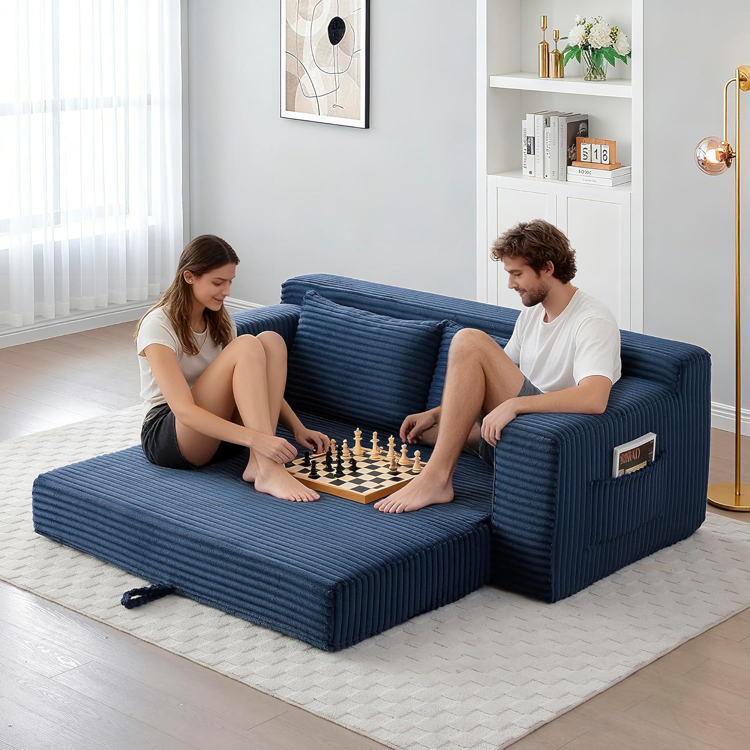 73" Convertible Sofa Bed, 2 in 1 Corduroy Folding Couch with Pillows, No Assembly Boneless Compression Sofa in Box, Loveseat with Side Storage Pocket for Apartment, Living Room, Blue
