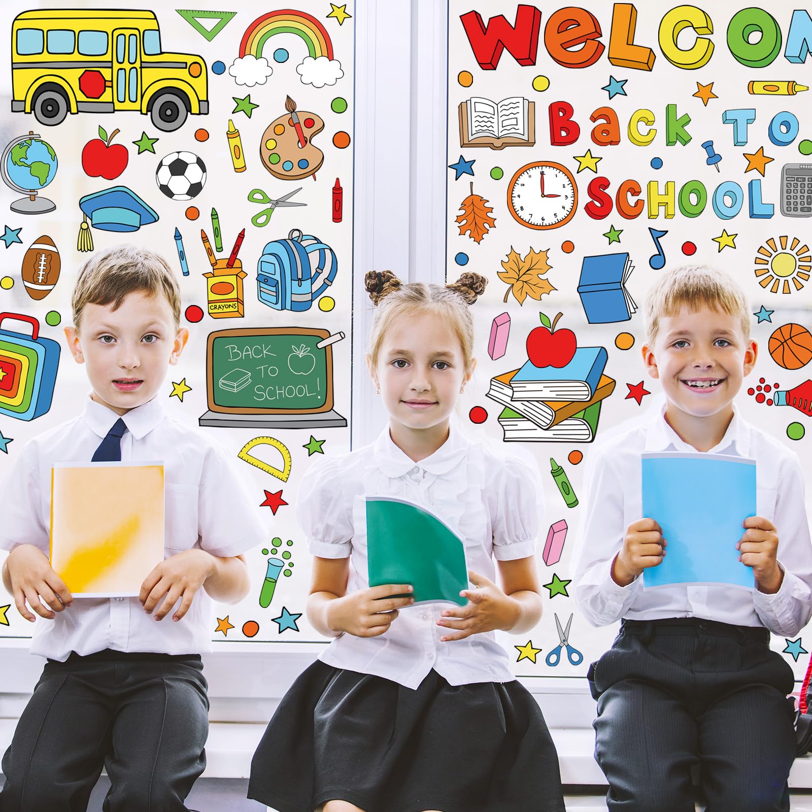 AnyDesign 9 Sheets Back to School Window Clings Colorful Apples School Bus Blackboard Double-Sided Window Stickers for First Day of School Party Supplies School Home Wall Glass Blackboard Decorations