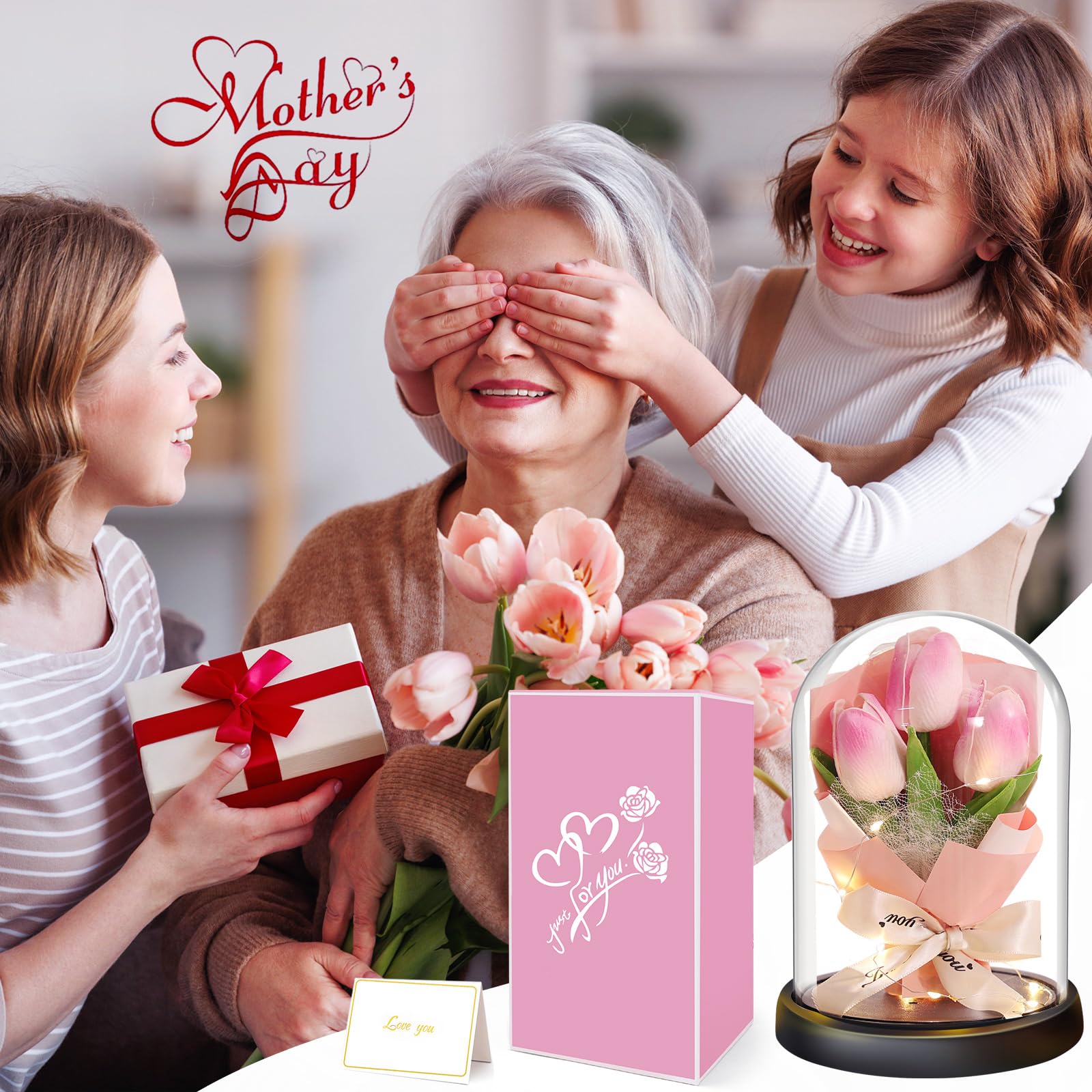 Fiore Artificiale Regalo di San Valentino per Donne, Idee Tulipani Regalo Donna, Romantico Kit di Tulipani Regalo Mamma Nonna, Regalo per Lei, Fiore Regalo Anniversario per Lei Idee Regalo Nascita