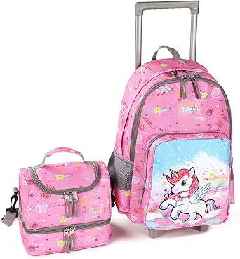 Tilami Rolling Backpack 18 inch Double Handle with Lunch Bag Wheeled Kids Backpack