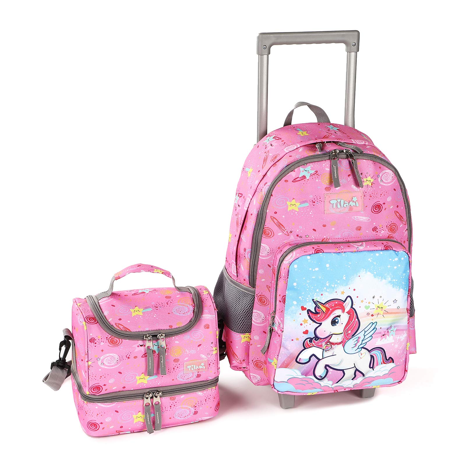 Tilami Rolling Backpack 18 inch Double Handle with Lunch Bag Wheeled Kids Backpack for Girls and Boys, Pink Unicorn