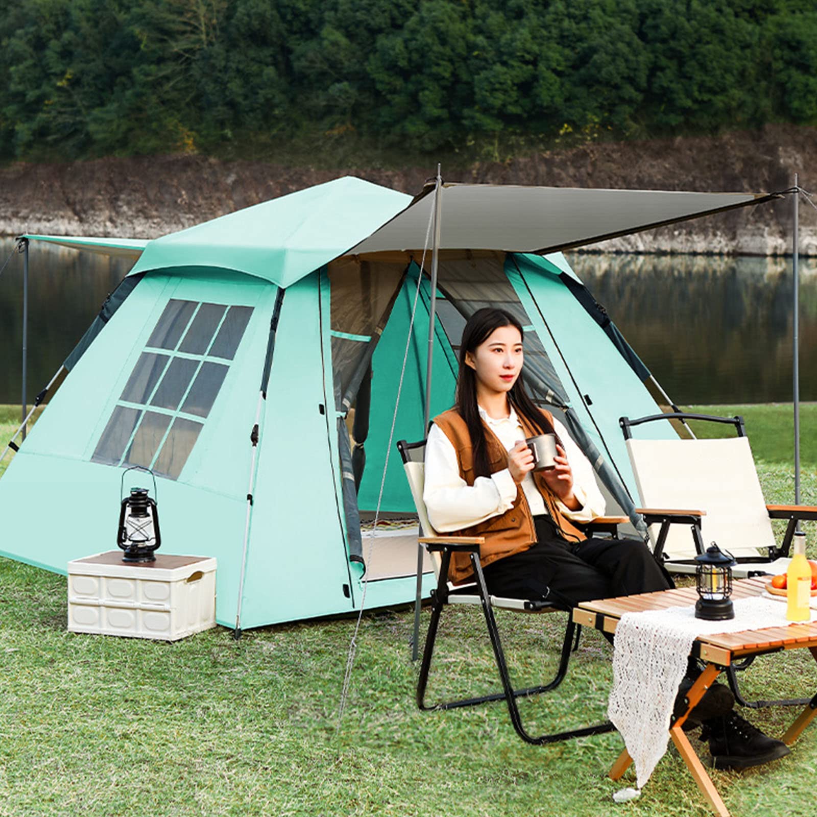 Tenda da Campeggio, Tenda Pop-up per 4-6 Persone, Tenda da Campeggio per Famiglie con 2 Grandi Porte/Finestra in Rete dal Pavimento al soffitto e 1 Fi