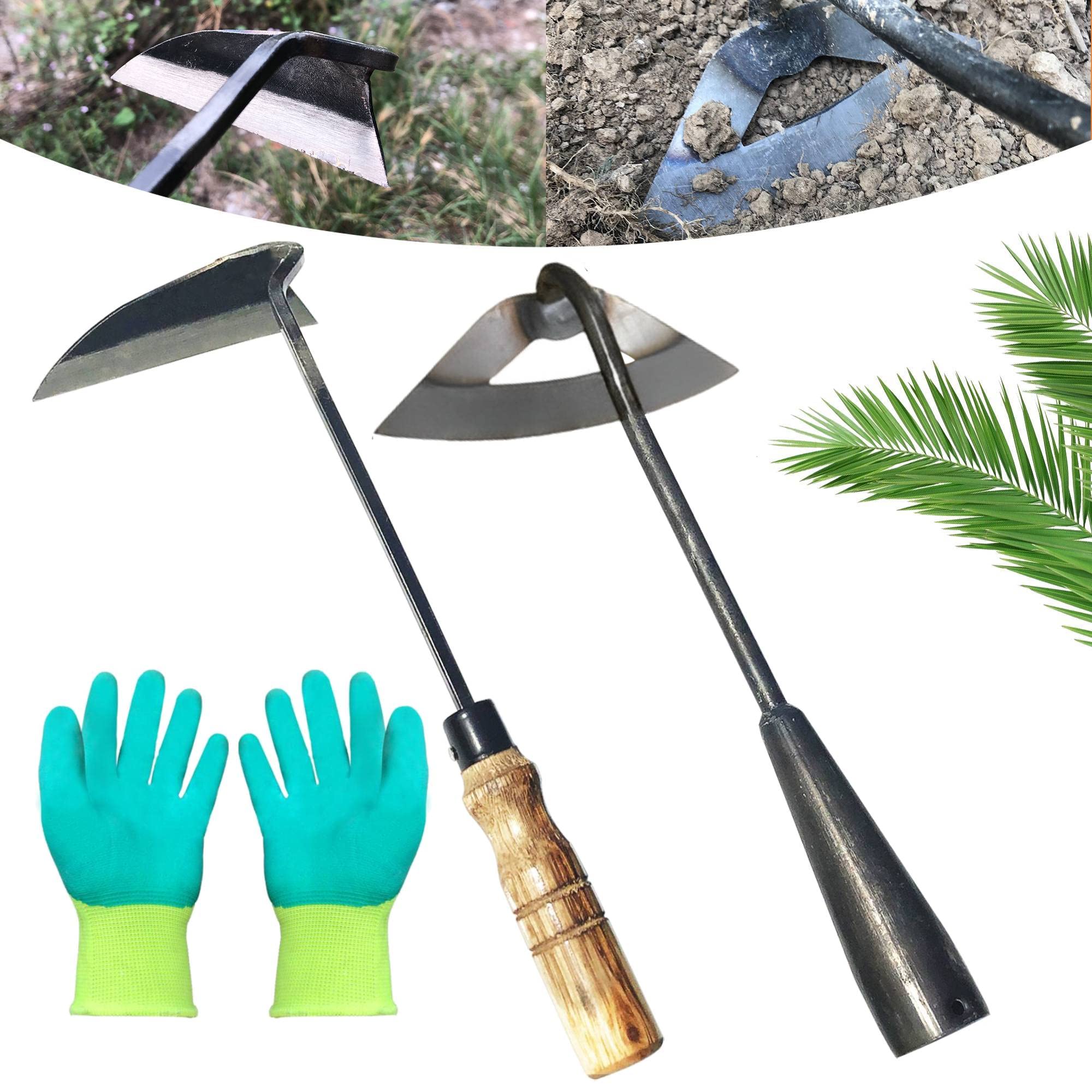 ZimchadoPack of Weeding Tool Hollow Hoe and Japanese Sickle Garden Tool and a Pair of Professional Gardening Gloves - Heavy Duty Very Sharp Gardening Hand Tools for Landscaping - Nejiri Gama Hoe