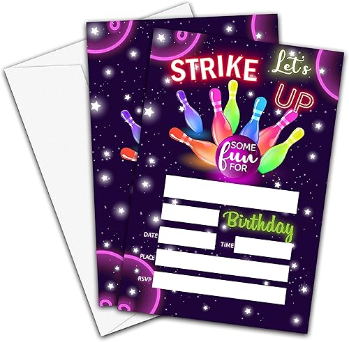 Tarjetas de invitación de cumpleaños con temática de bolos de 4 x 6 pulgadas con sobres, Let's Strick Up, celebración de cumpleaños de niños y