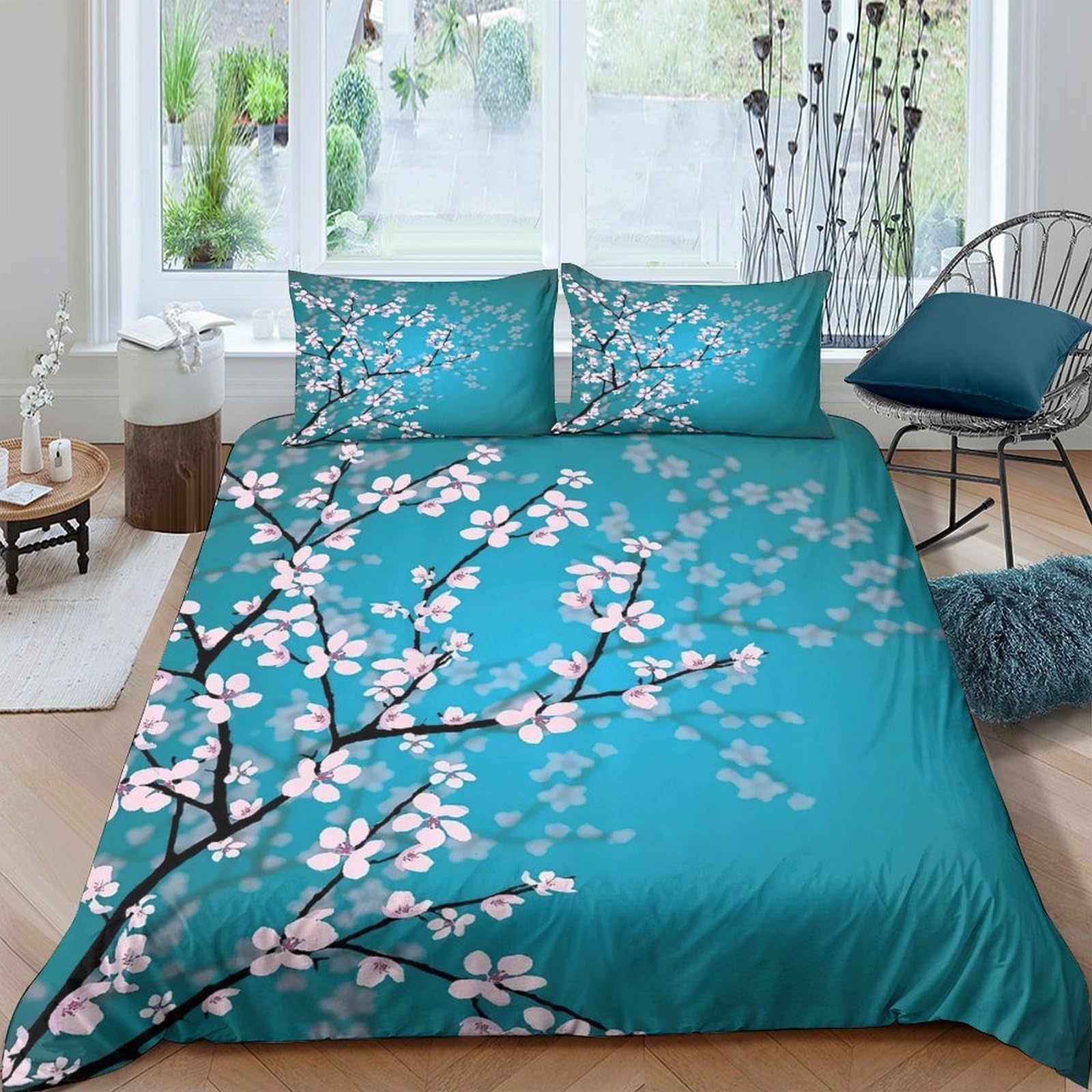 Ctjqhvkz Style-3 3D Printed Blue Sakura Blossom Fitted Sheet Microfiber Soft Floral Mattress Cover For Bedroom Guest Room Decor Single（135X200cm）