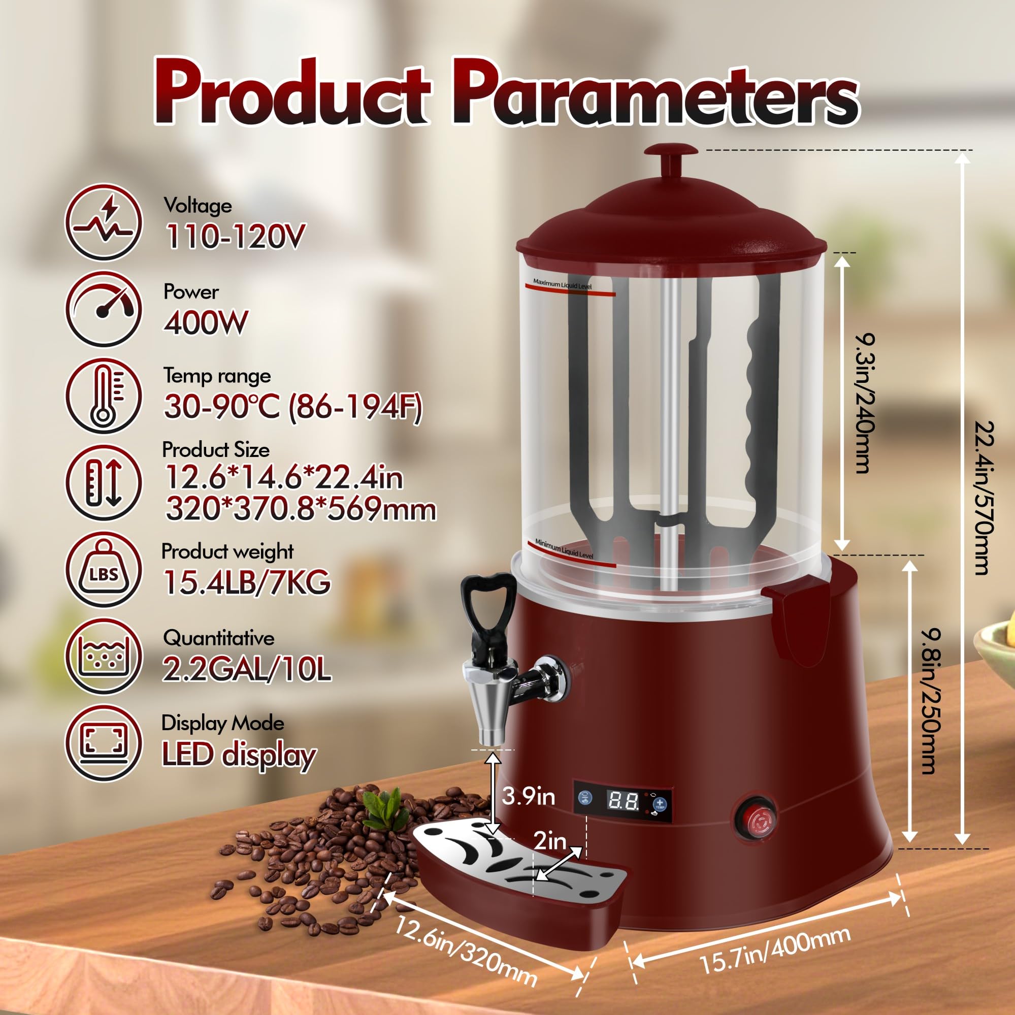 Macchina per Cioccolata Calda Commerciale 10L/2,64Gal, con Riscaldatore per Bevande Calde a Controllo Temperatura Intelligente, Intervallo di Temperatura 86°F-194°F,XL 99W 6i2
