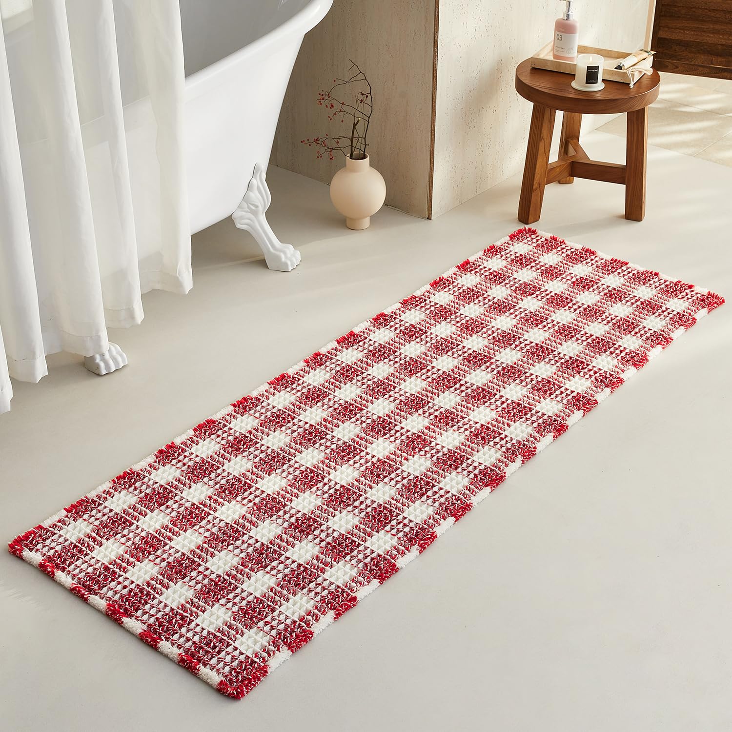 TYUU Waffle Runner Rug Bathroom, Long Boho Christmas Bathroom Rugs Non Slip Washable Absorbent Checkered Bathroom Mat Quick Dry Cute Bath Mat, 72"x24"
