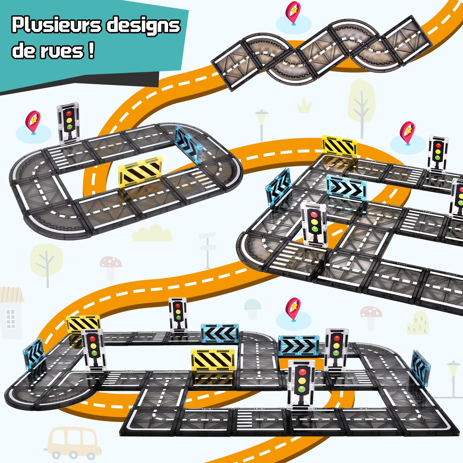 BuzzoXerex 50 Pièces Routes Magnétiques – Blocs Construction Voiture Éducatifs, Compatible Grandes Marques, 3-6 Ans