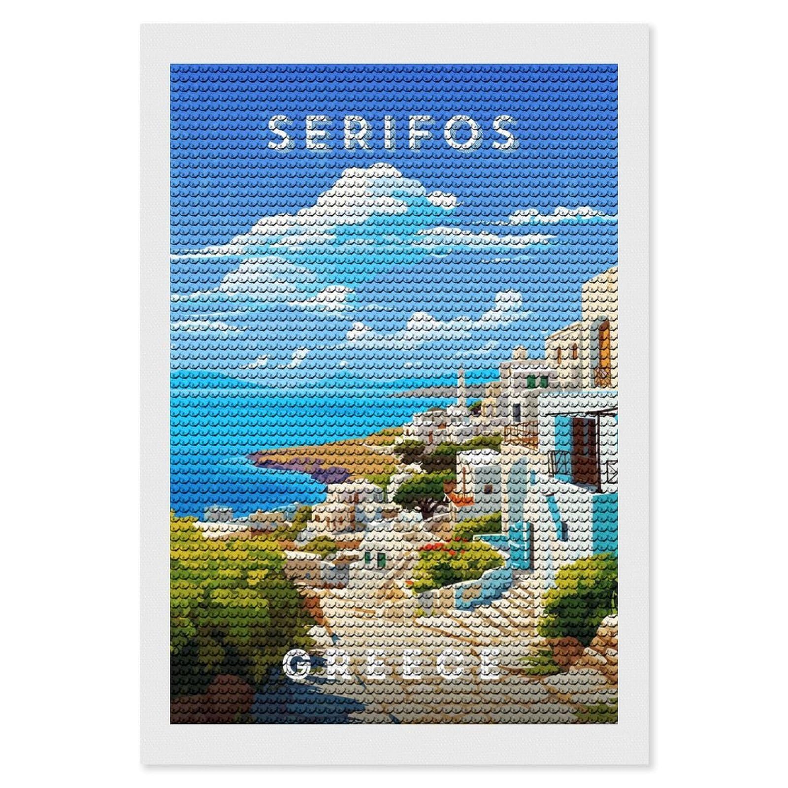 Junmoney Greece Serifos Diamond Art Kit 8"x12", Vintage Style Decor, Stress Relief Craft, Decor Project, Relaxing DIY, Creative Hobby