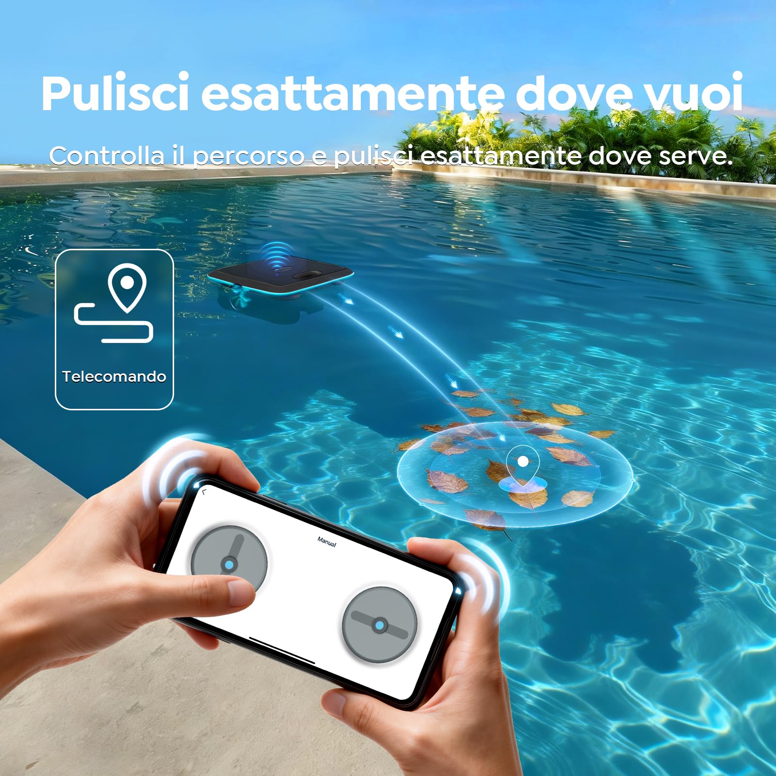 (Upgrade 2026) Pleco SK02 Skimmer Solare Robot per Piscina, Doppia Ricarica, Sensore Temperatura, Robot Piscina Skimmer con Controllo App, Pulitore per Piscina Skimmer Automatico 24/7