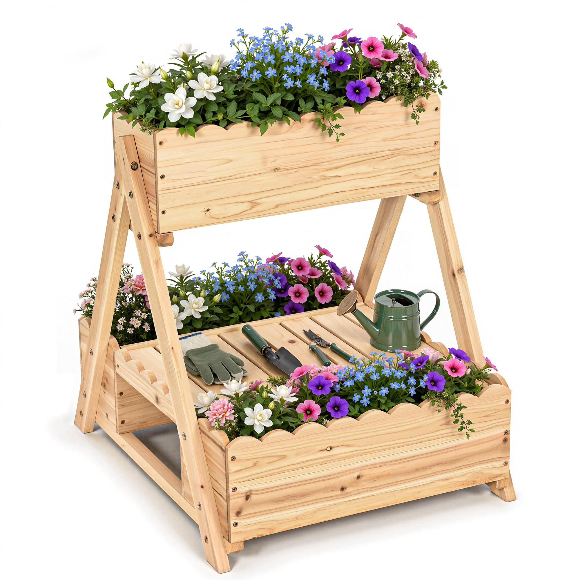 Pamapic 3 Etagen Hochbeet, Vertikal Hochbeet Holz mit Ablagefach & Drainagelöchern, Erhöht Blumenkasten für Gemüse, Blumen, Kräuter, Terrasse, Garten, Balkon, 58 x 67 x 60 cm, Natur