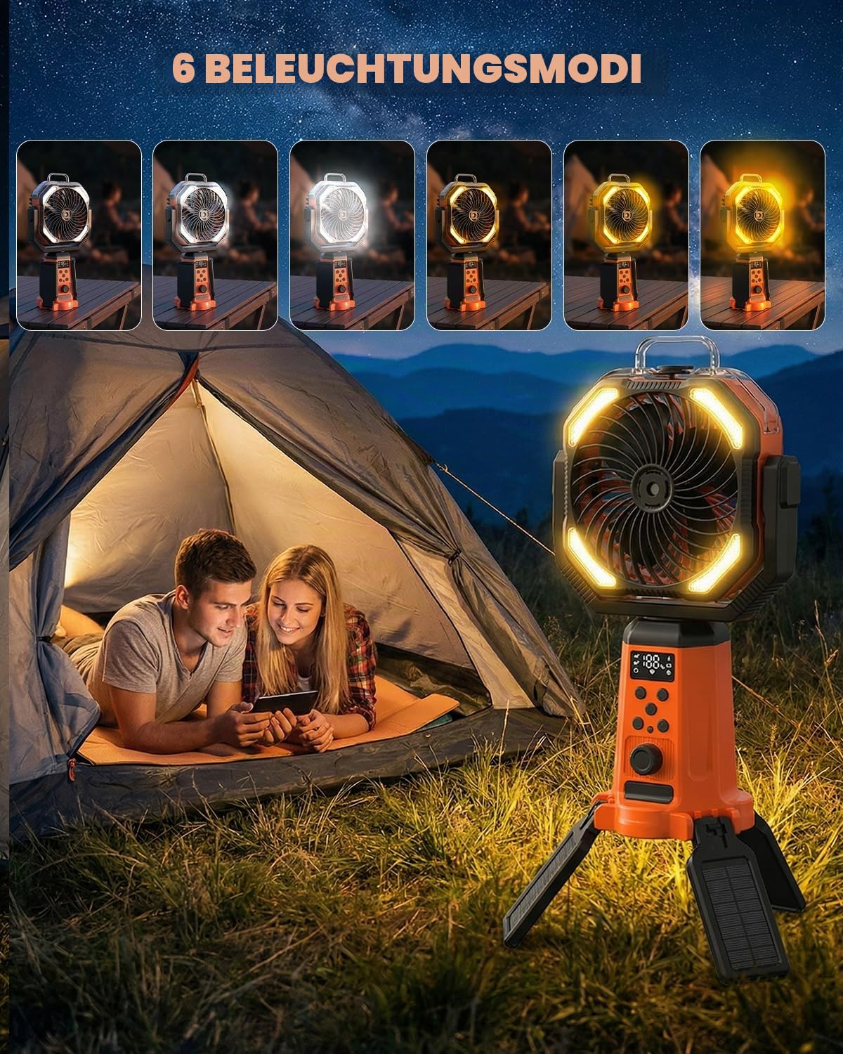 24000mAh Solar Camping Ventilator mit Ständer, Akku Ventilator mit Fernbedienung & Powerbank, mit Fernbedienung und Haken, Tragbarer USB Zelt Ventilator für Angeln Picknick Wohnmobil Outdoor