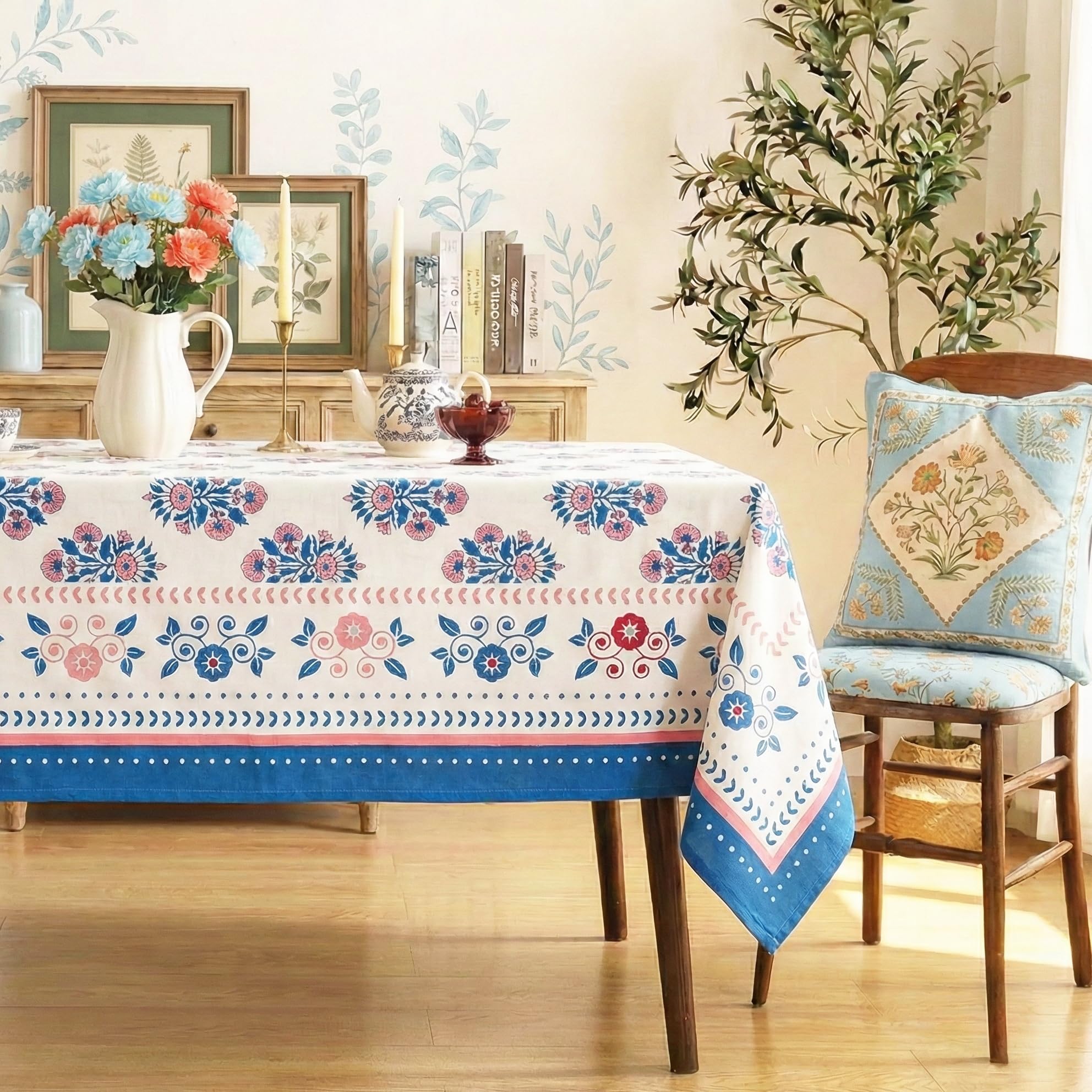 Block Print Design Cotton Table Cloth 4 Seater – Dining Table Cover Cloth, Washable Table Cloth for Dining Table – 150 x 150 CM - Teal Bloom-image-13