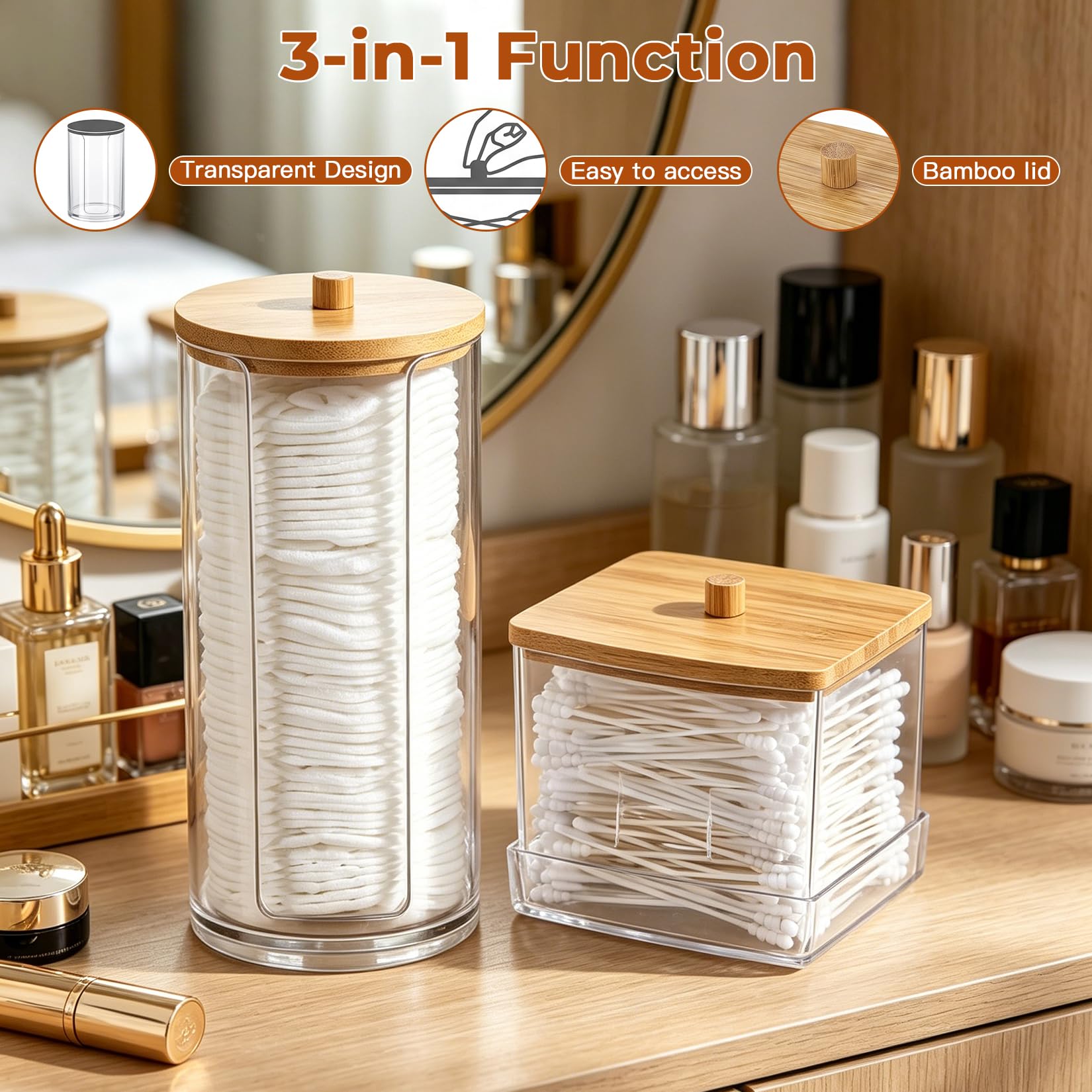 2 Pz Porta Cotton Fioc, Contenitori per Dischetti Struccanti, Trasparente, Scatola Dispenser Tamponi con Coperchio in Bambù, Organizzatore per Batuffoli Cotone, Cosmetici, Trucco