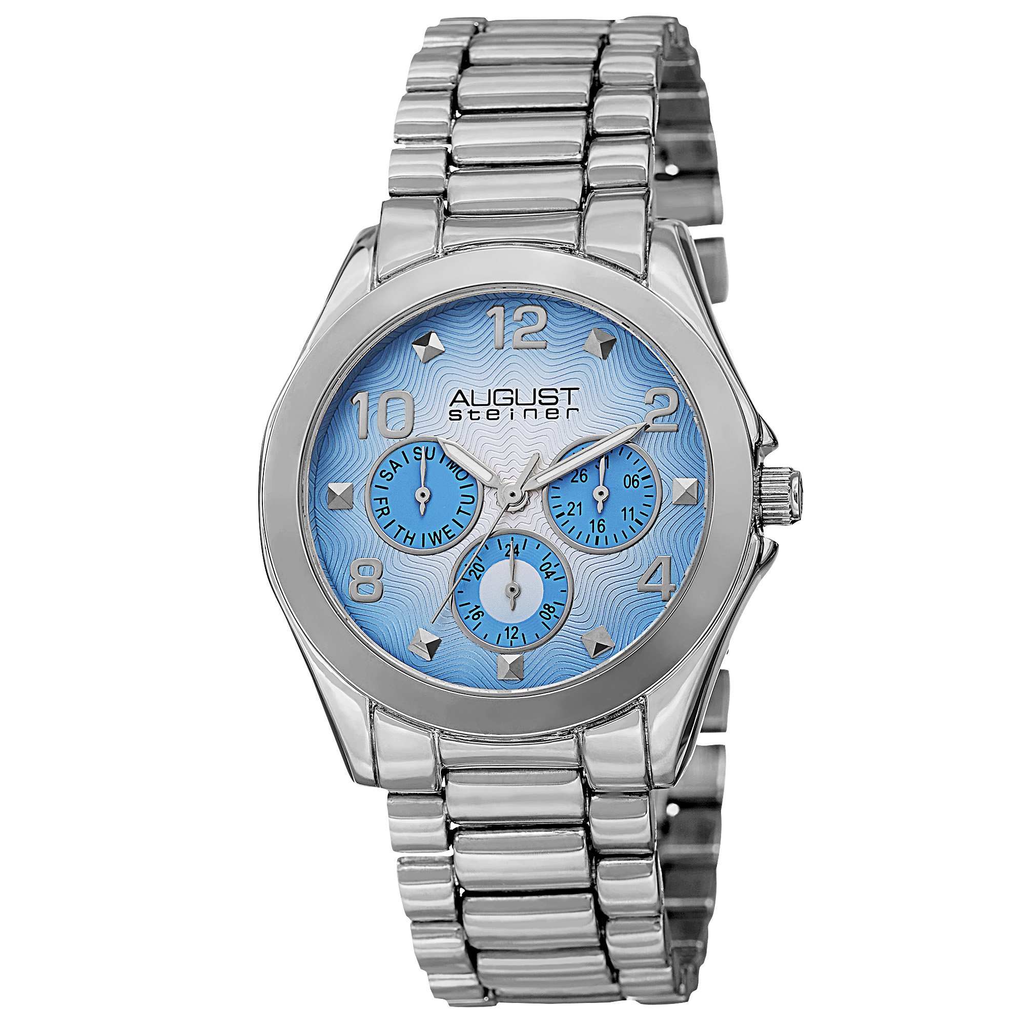 August SteinerWomen's Multifunction Fashion Watch - Radiant Blue Dial with Big Number Hour Markers + Bonus Day of Week, Date, and 24 Hour Subdial on Silver Tone Bracelet - AS8150
