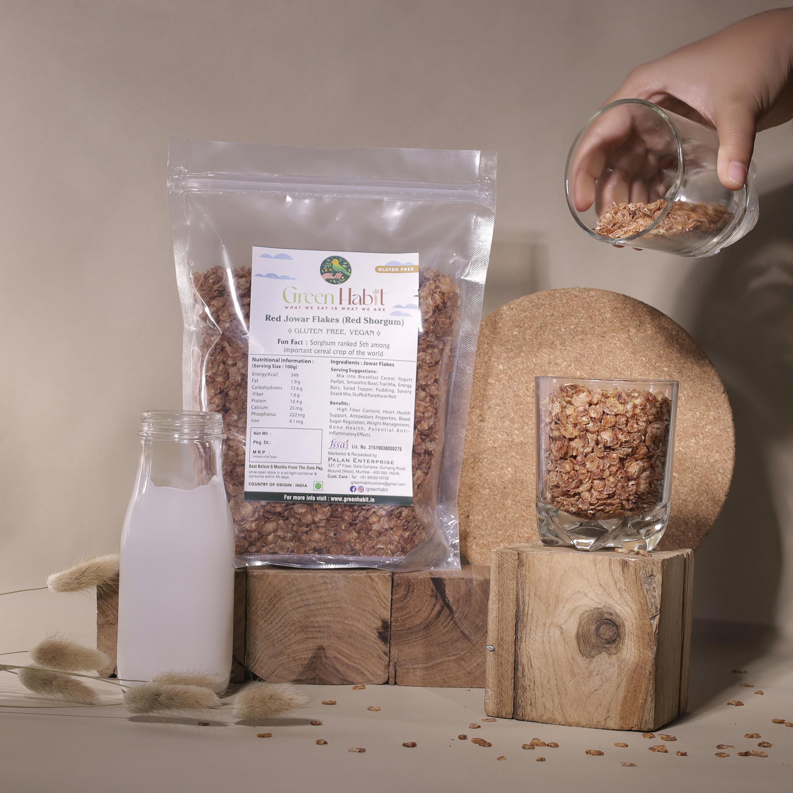 GreenHabit Millet Flakes - Nutritious and Gluten-Free Sorghum Cereal - High Fiber Breakfast Vegan (Red Jowar Flakes, 500 gm)-image-18