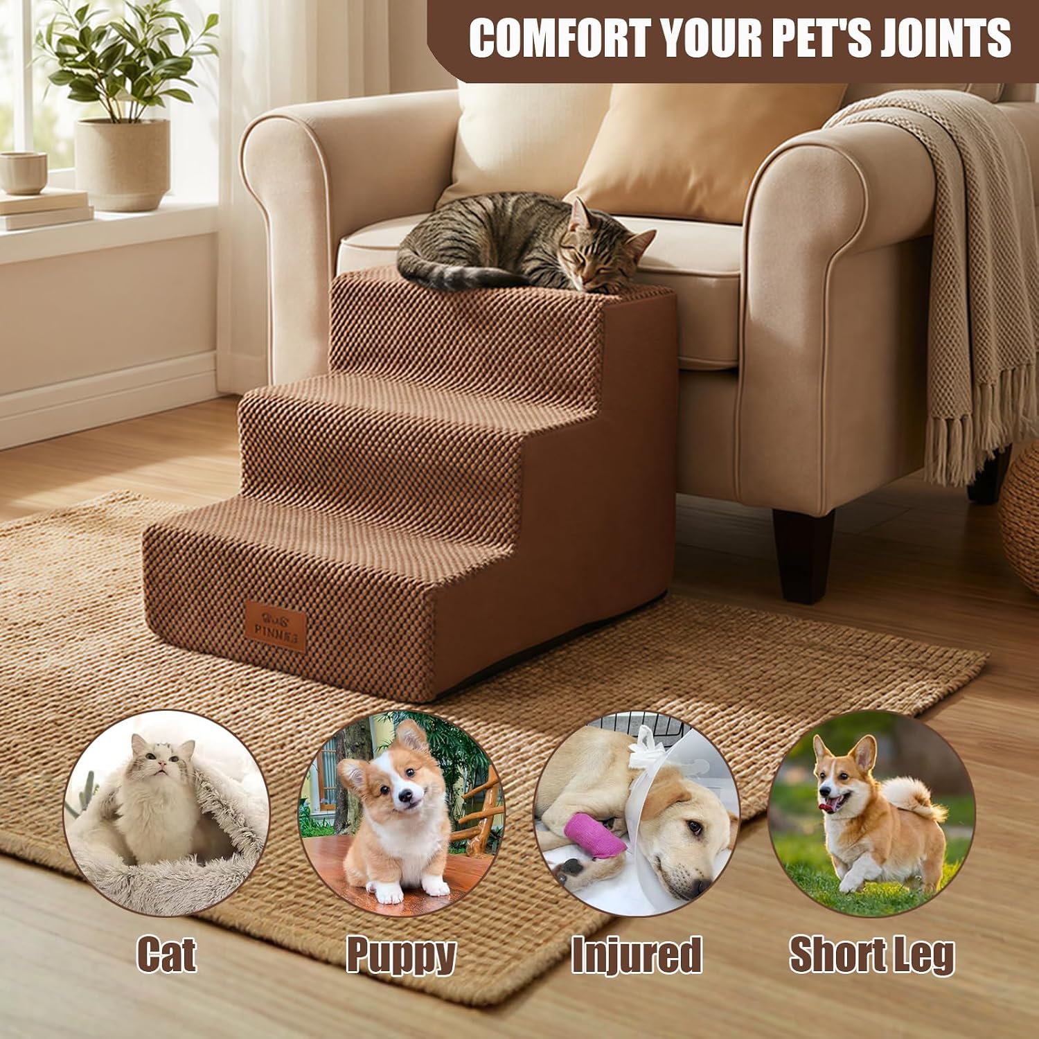 2 Pack Dog Stairs for Small Dogs 3-Step Pet Stairs for Bed Couch Chair Stool Non-Slip Pet Steps for Puppy Small Dogs Cat Older Pet Brown 13.6" H