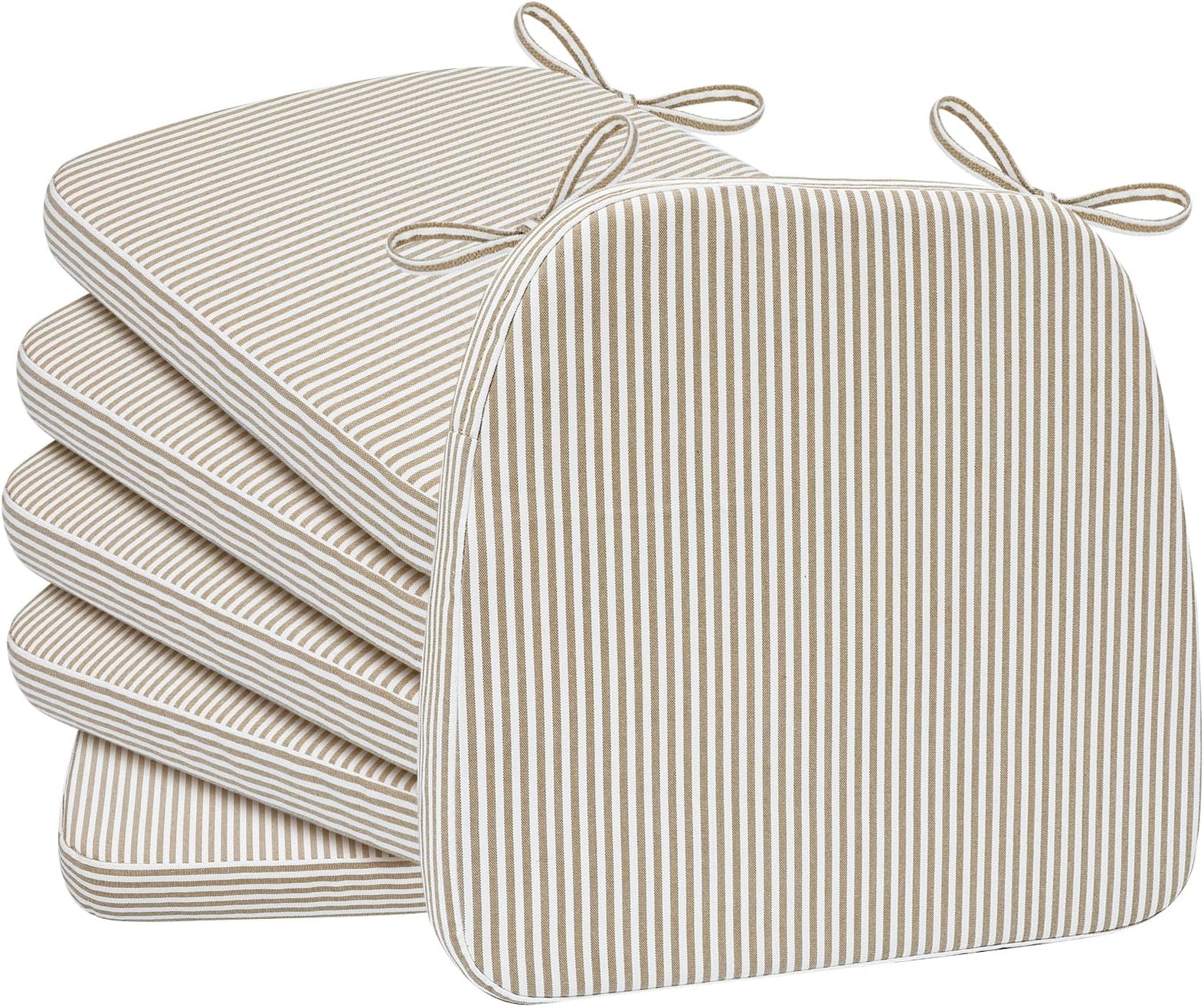 D-Shaped Chair Cushions, 2" Thick Dining Chair Pads with Ties and Removable, Machine-Washable Cover, 17" x 16", Set of 6, Natural Sand Pinstripe