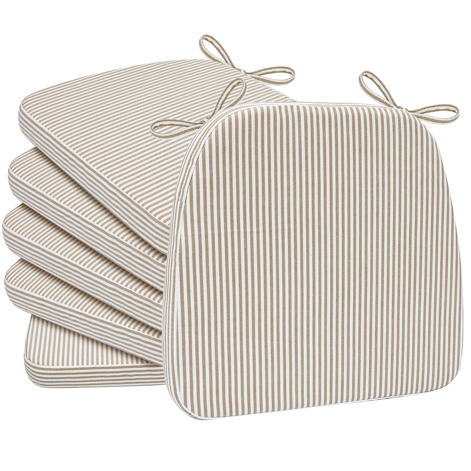 AAAAAcessories D-Shaped Chair Cushions, 2" Thick Dining Chair Pads with Ties and Removable, Machine-Washable Cover, 17" x 16", Set of 6, Natural Sand Pinstripe