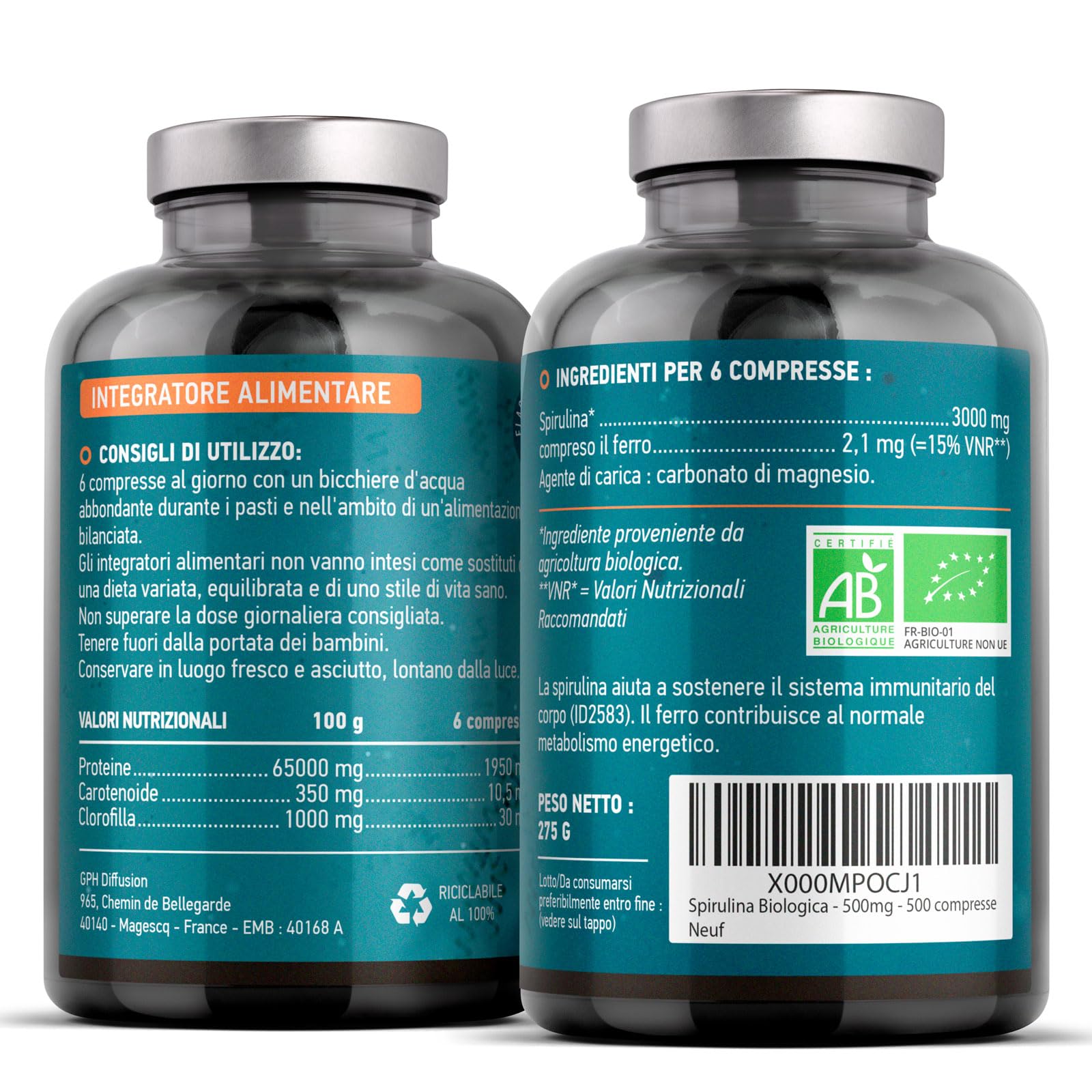 Spirulina Biologica 500mg - 500 compresse