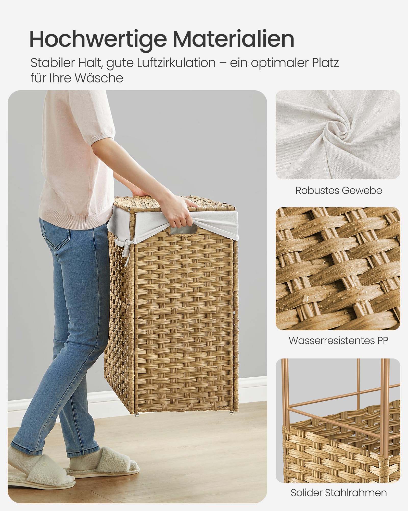 SONGMICS Wäschekorb mit Deckel, 160 L, Wäschesammler 3 Fächer, Wäschesortierer mit Rollen, in Rattan-Optik, Wäschesack herausnehmbar, für Waschküche, 76 x 33 x 66 cm, naturfarben LCB365N01