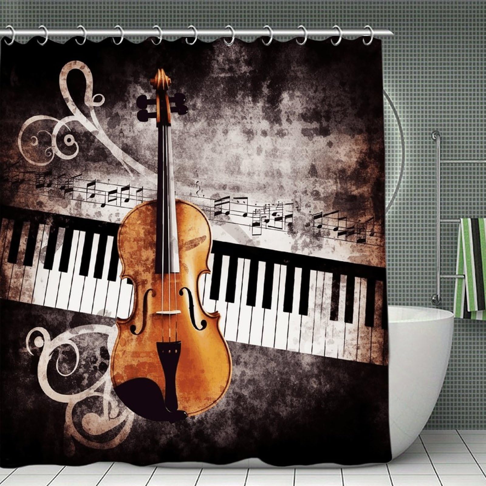 VstaDank Piano Violin Music Notes Bath Curtain Elegant Heavy Duty Shower Curtains 70x70 in Rustic Farmhouse Cloth Shower Curtains Neutral Modern Bath Curtain for Bathroom