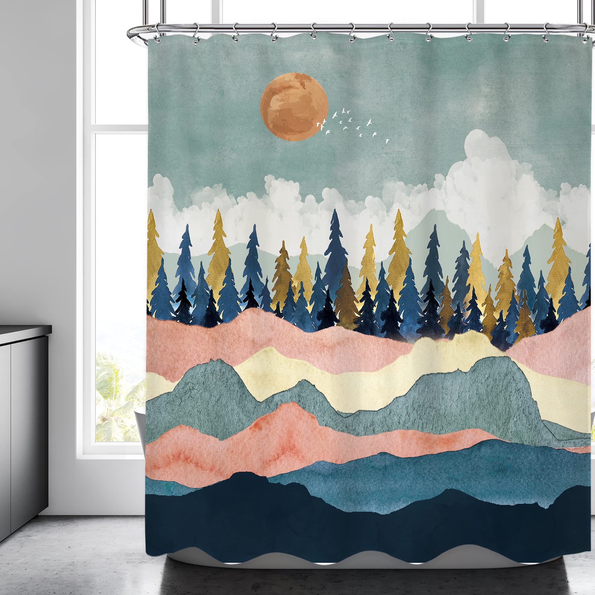 RiyidecorAbstract Boho Mountain Shower Curtain 60Wx72H Inch Oil Painting Tree Sun Navy Blue Natural Landscape View Sky Modern Art Bathroom Decor Fabric Polyester Waterproof 12 Pack Hooks
