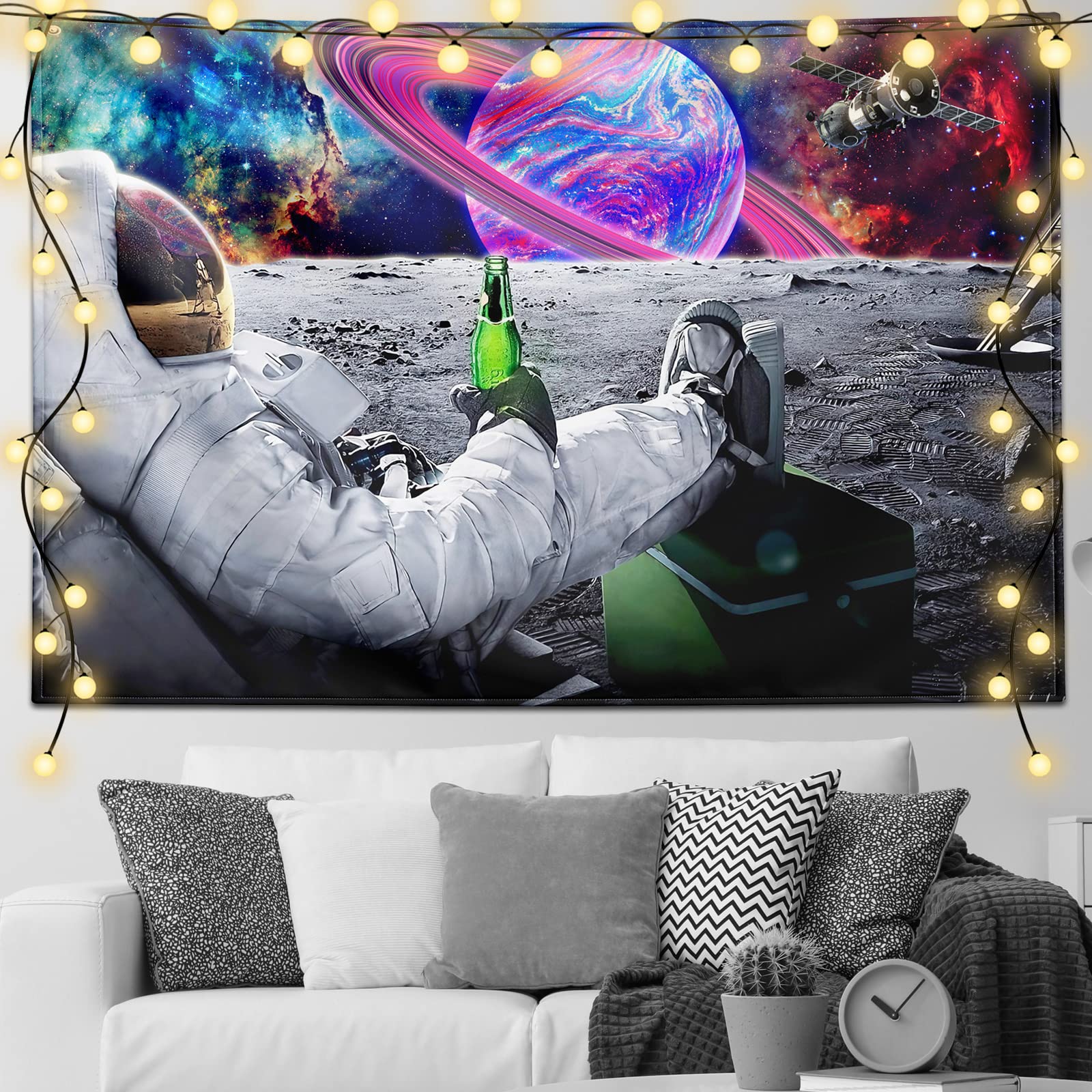 Trippy Funny Astronaut Tapestry Planet Tapestry Cool Spaceman with Beer Sitting on Universe Outer Space Planet Tapestry Wall Hanging for Bedroom Decor (60" x 90")