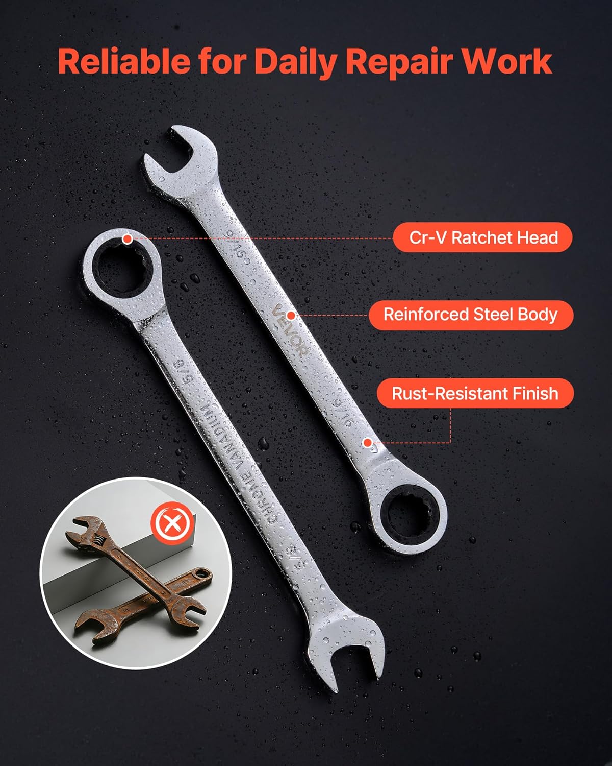 VEVOR Combination Wrench Set, 16-Piece SAE Sizes, 72 Teeth, Cr-V Steel Ratcheting Wrench Set, with Roll Up Pouch, Open End, Clear Size Labels, for General Household and Automotive Repairs, Silver