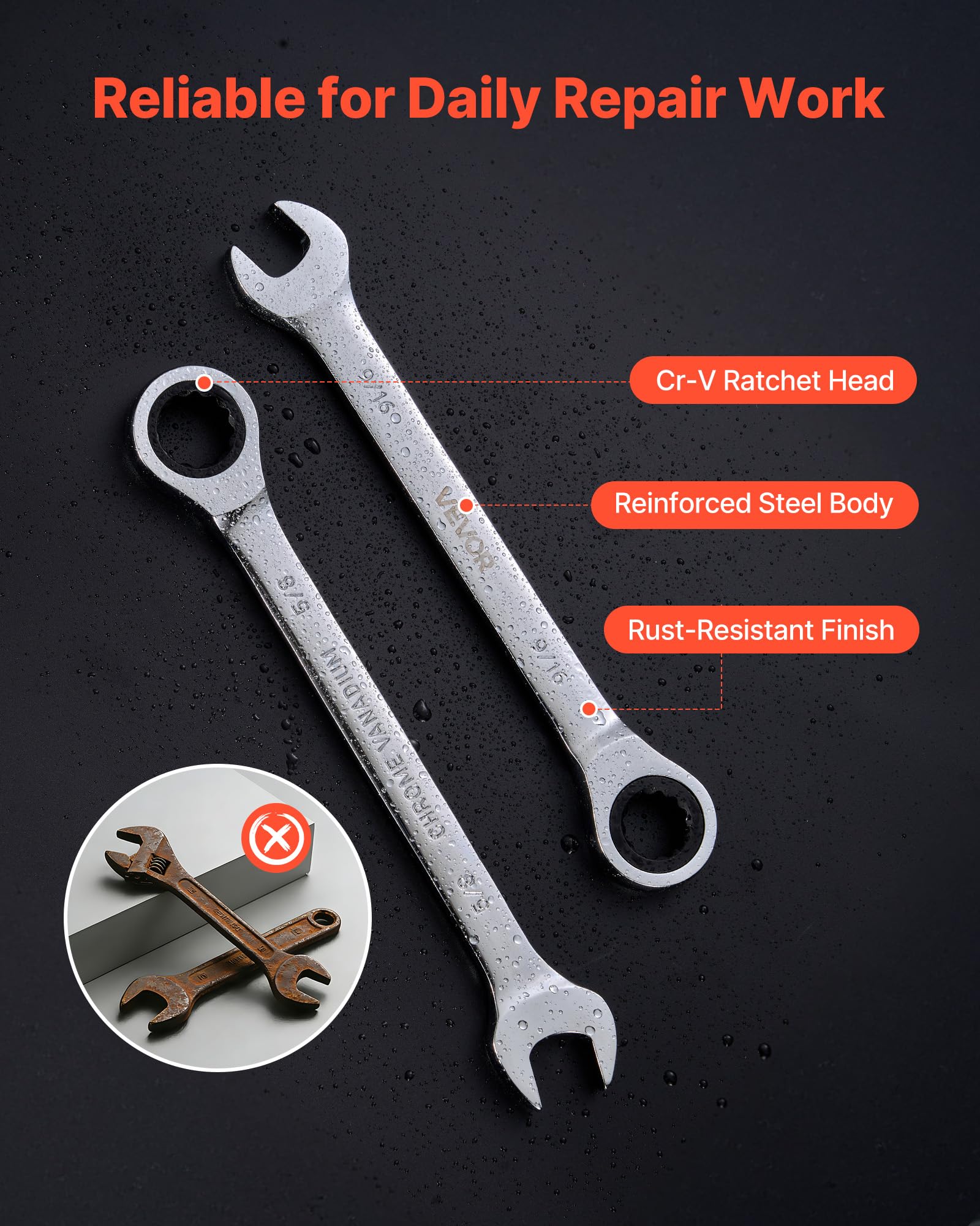 VEVOR Set di Chiavi Combinate a Cricchetto 16 Pezzi, Chiavi a Cricchetto, SAE, Meccanismo a 72 Denti con Profilo Antiscivolo, in Acciaio Cr-V, con Custodia Arrotolabile, per Uso Casa e Auto, Argento