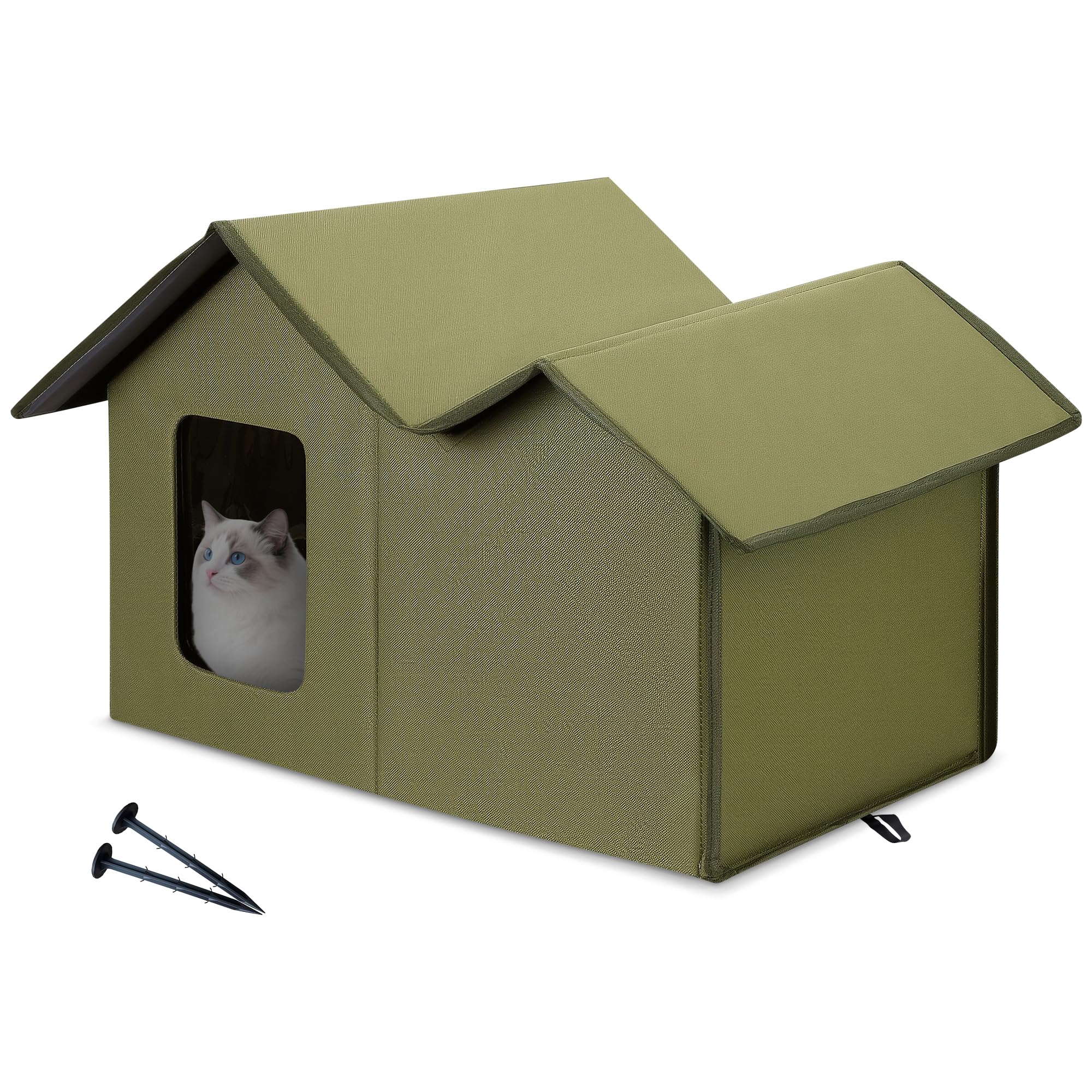 ALLSOPETS Casa para Gatos Exterior Impermeable, Caseta Gato Plegable y Resistente a la Intemperie, Refugio Cálido para Gatos o Perros Pequeños Interior y Exterior (Verde Bosque)