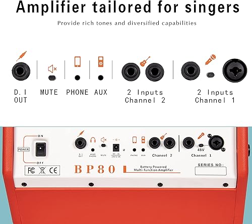 Miniatura 4 de Coolmusic Amplificador de guitarra acústica con batería BP80 - Altavoz Bluetooth portátil 100W, 6 entradas, ecualizador de 3 bandas, naranja