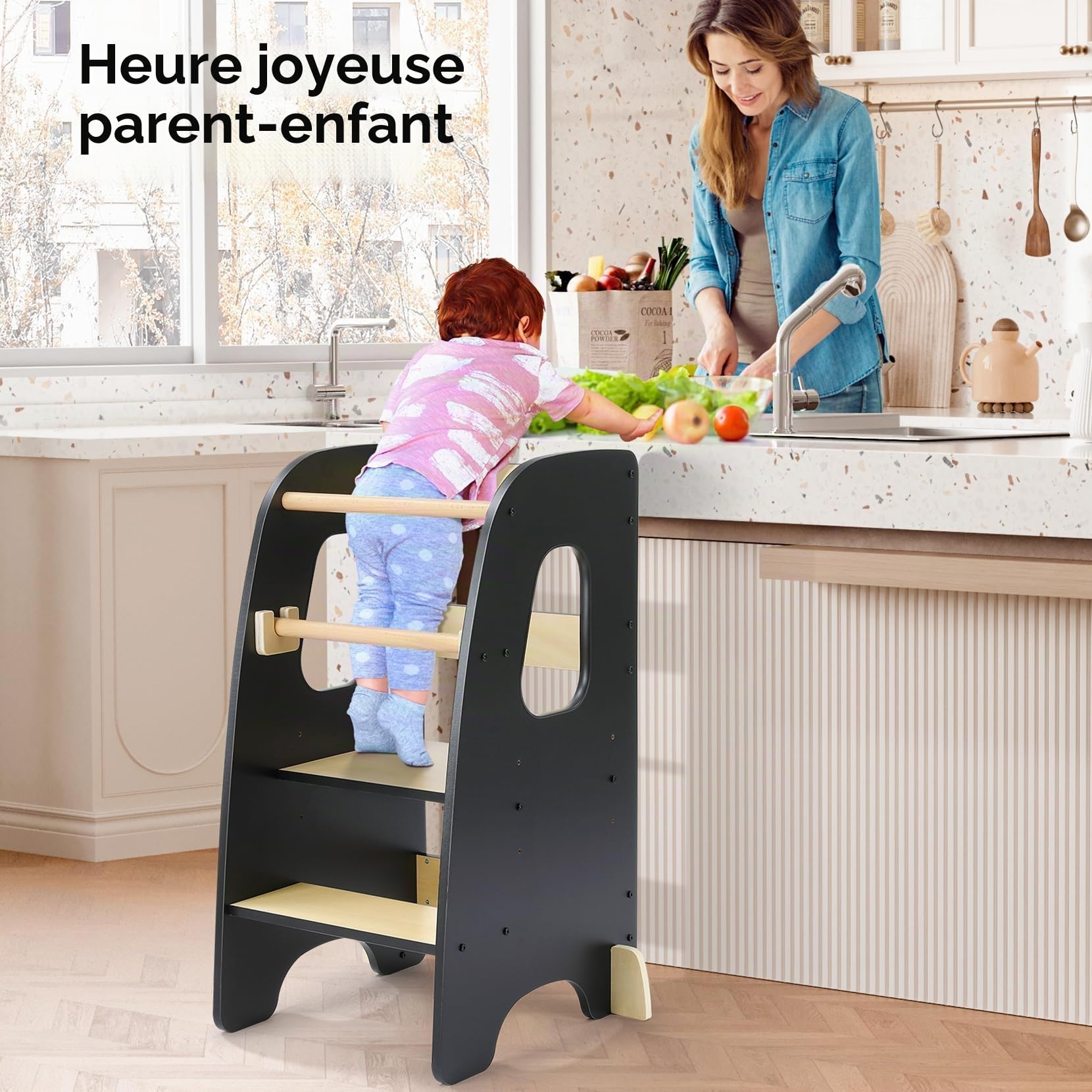 Ezebaby Tour d'apprentissage pour Enfants, Tour d'apprentissage 3 Hauteurs Réglables, Tour d'observation Enfant Montessori, Tour Eveil Bébé en Bois (Noir)