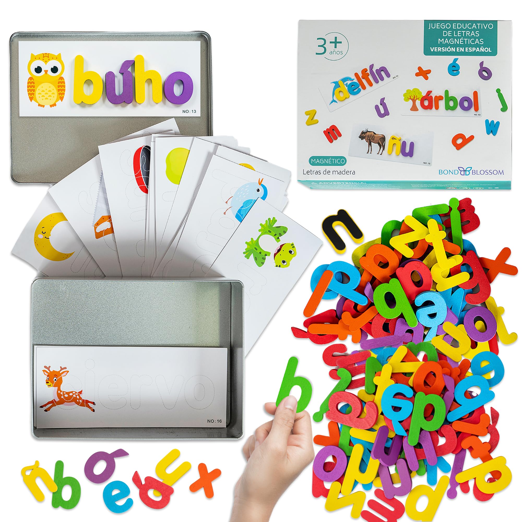 Juegos educativos niños 4 años - Letras Magnéticas con Caja metálica y Tarjetas con Dibujos para completar Palabras.