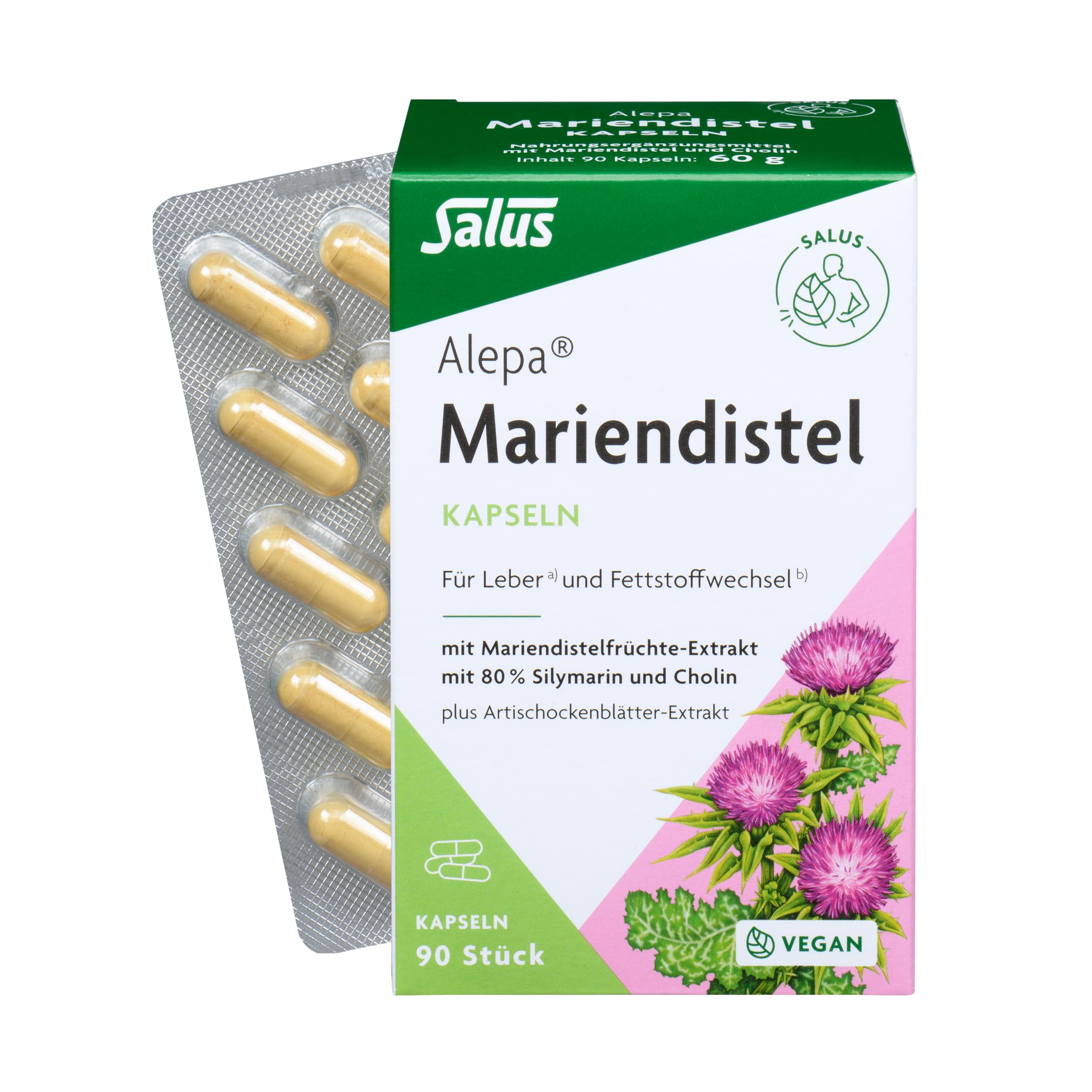 Alepa Mariendistel Kapseln - 1x 90 Stück – Leberfunktion a⟯  Fettstoffwechsel b⟯ – hochdosiert mit Silymarin  Cholin – vegane Nahrungsergänzung, ideal für Alltag  unterwegs