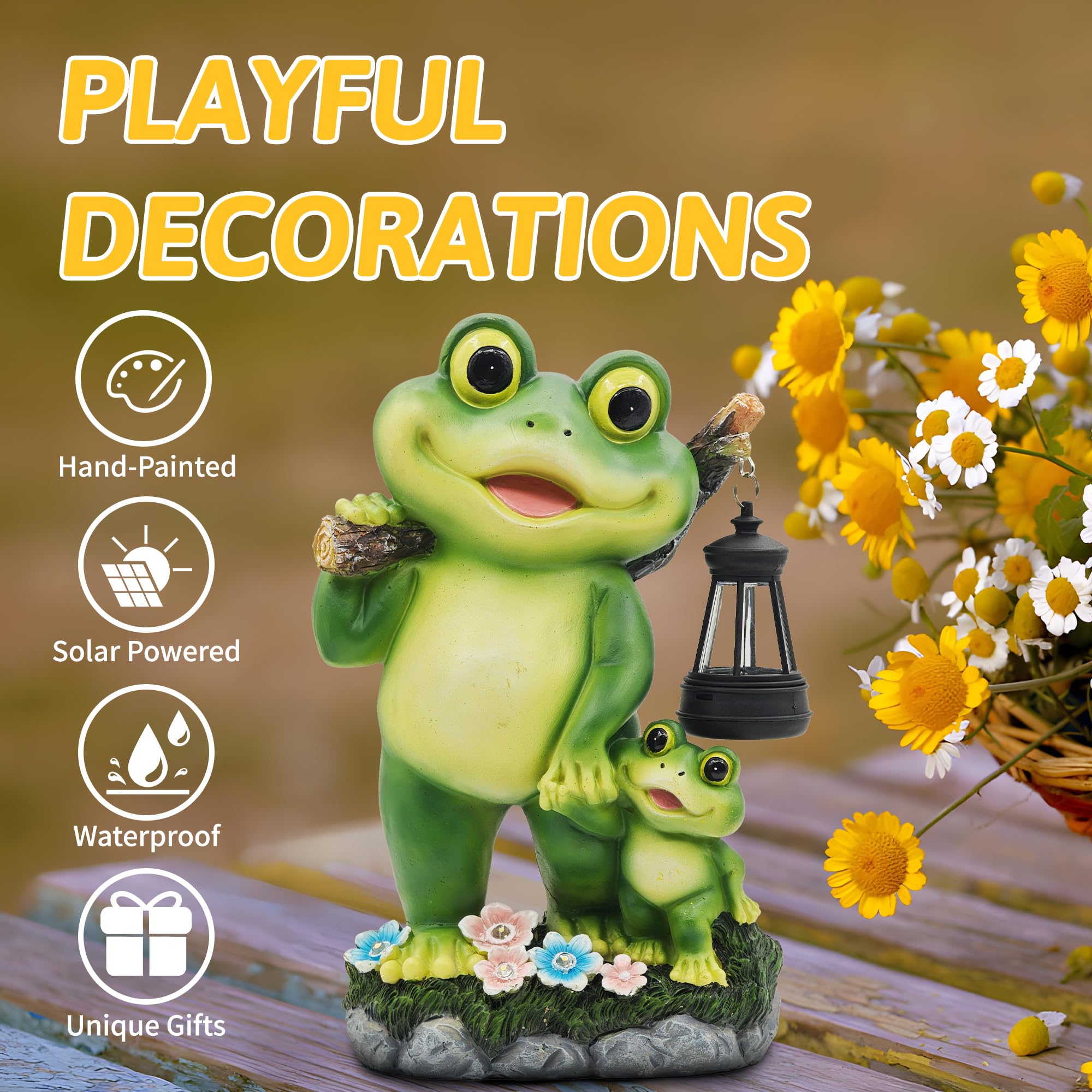 Decorazione da giardino a forma di rana per esterni: decorazione da giardino da 25,4 cm con lanterna a LED, divertente statua solare genitore-figlio, regalo per donne, giardiniere