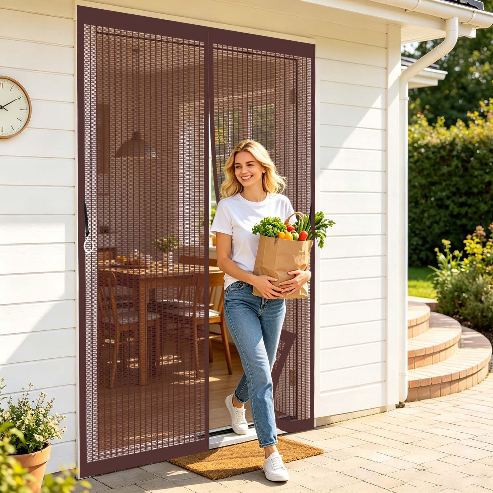 Guoyfen Brown Fly Screen Door 150 X 218 Cm Full Frame Magic Tape, Magnet Silent Closure, No Punching Heavy Duty Fly Screen Door Mesh Curtain With Magnets For Patio Balcony,