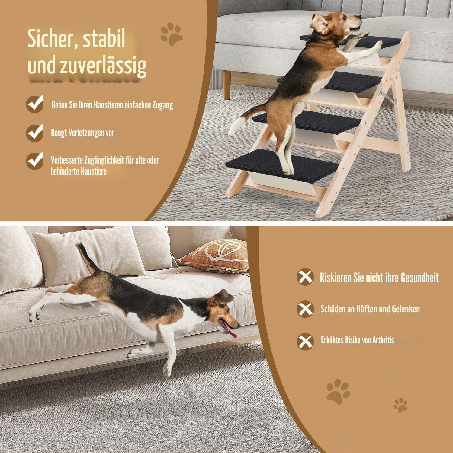 Hundetreppe Klappbare 4 Stufen 2-in-1 Hunderampe aus Holz 65cm hoch