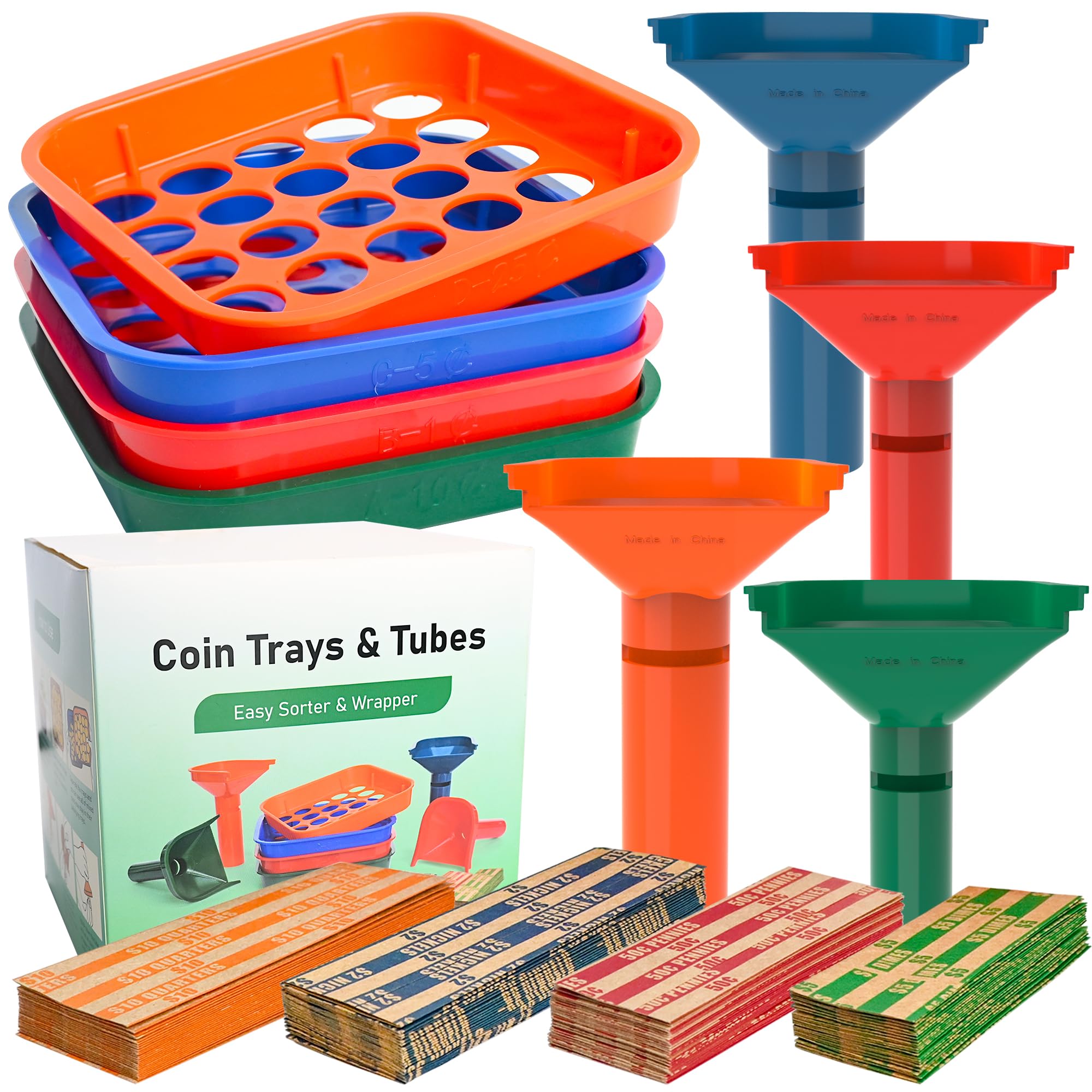 LLIKED Coin Sorter Tray &amp; Tube Set - 4 Trays + 4 Tubes + 100 Wrappers