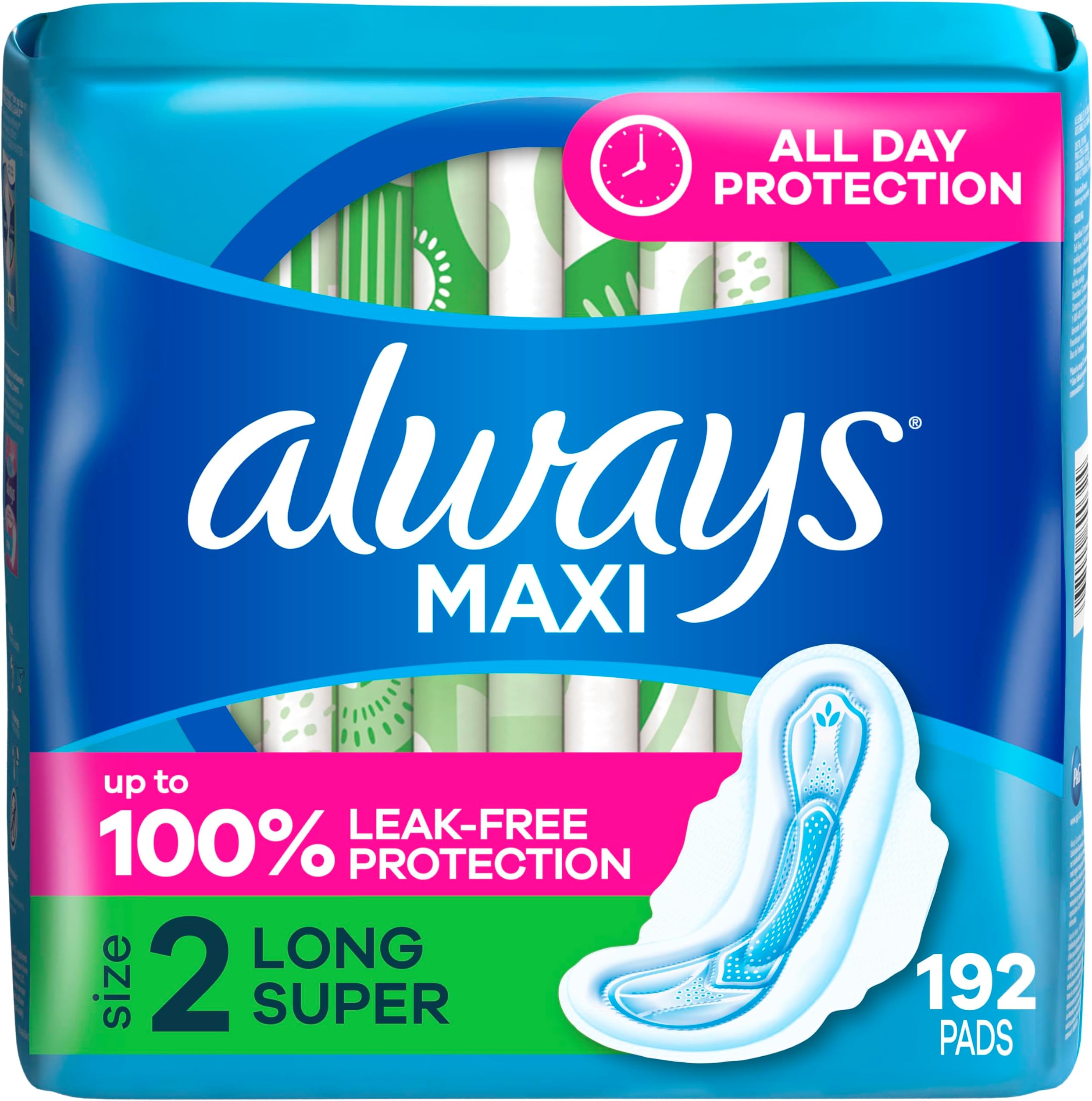 Always Maxi Feminine Pads Size 2, Long, Super Absorbency, with Flexi-Wings for Women, Unscented, 32 Count - Pack of 6 (192 Count Total)