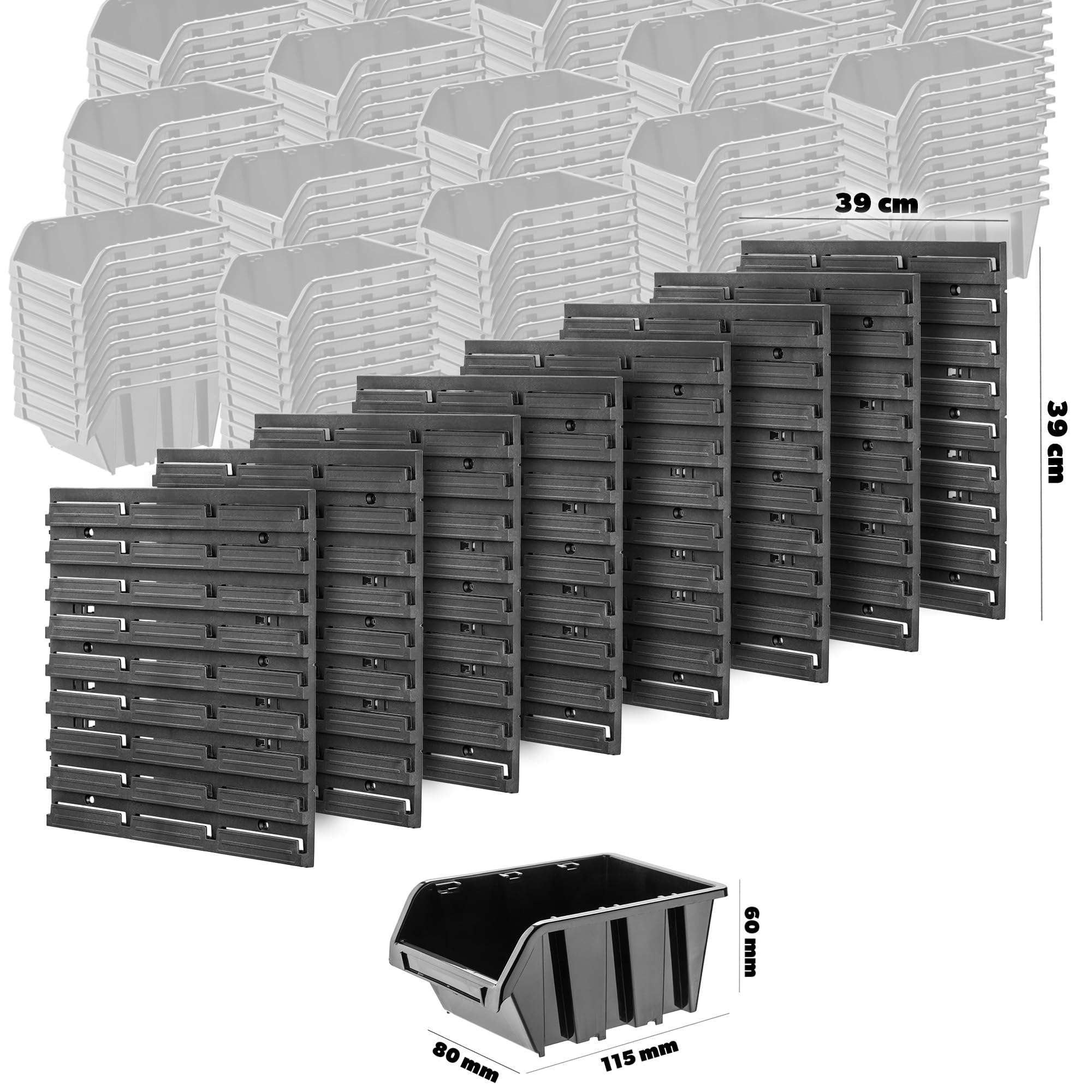KADAX Werkzeugwandregal, 156x78cm Werkstattwandregal, Werkstattregal für Garage, Werkzeugwand Set, Lagersystem mit Sichtlagerkästen, Erweiterbare Wandplatten (Schwarz 162 tlg.)