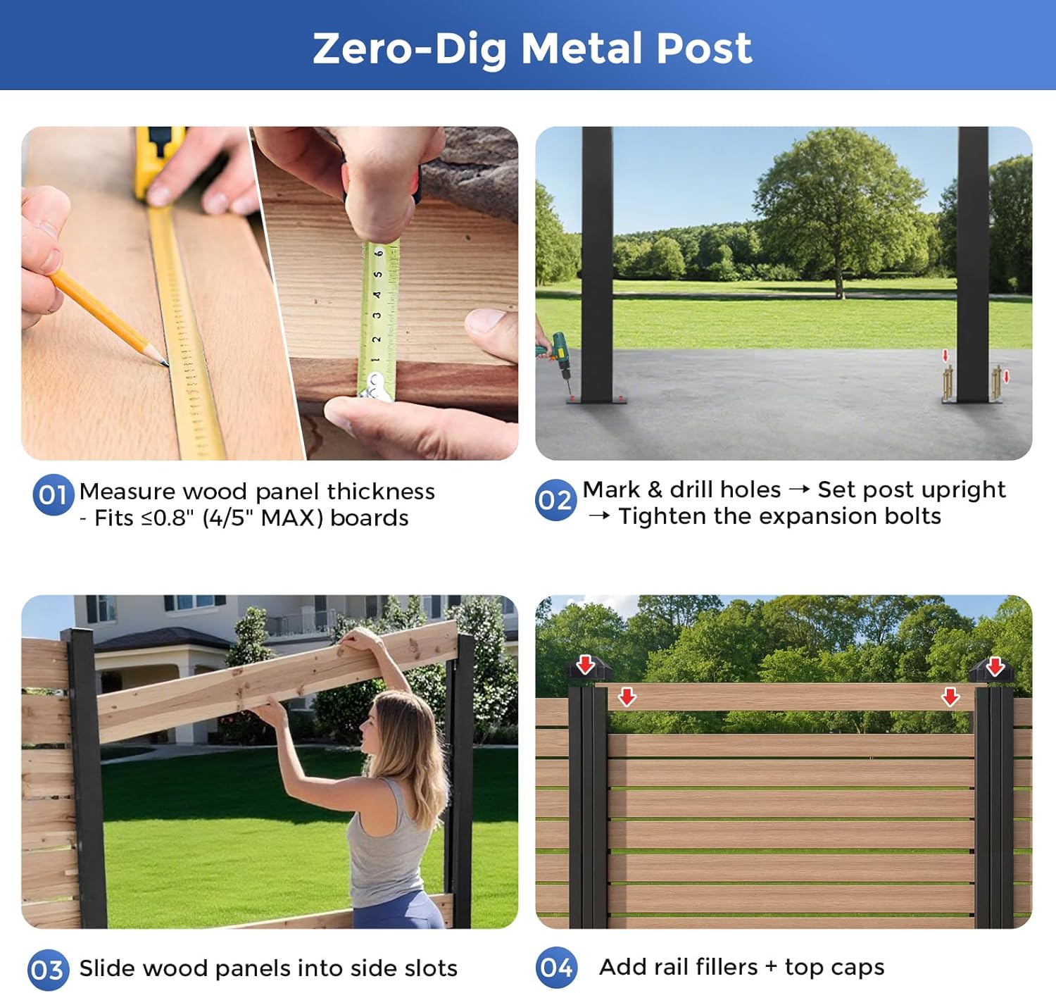 6FT Heavy Duty Aluminium Fence Post, No Dig Metal Post for Outdoor Privacy Fence Panels, Compatible with Wood Slats and Composite Boards for Patio, Backyard & Garden (2 Pack)