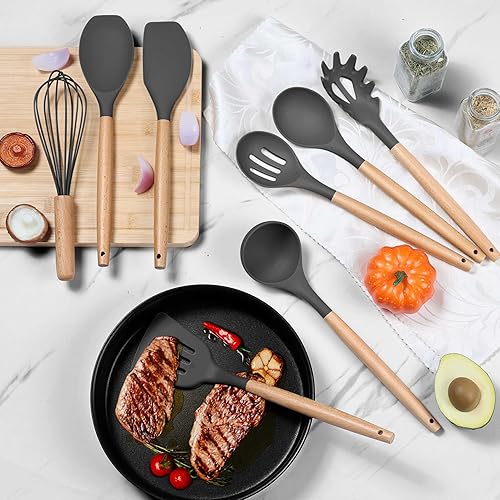 Miniatura 6 de Herogo Juego de 8 utensilios de cocina de silicona resistentes al calor, utensilios de cocina antiadherentes de grado alimenticio con mango de