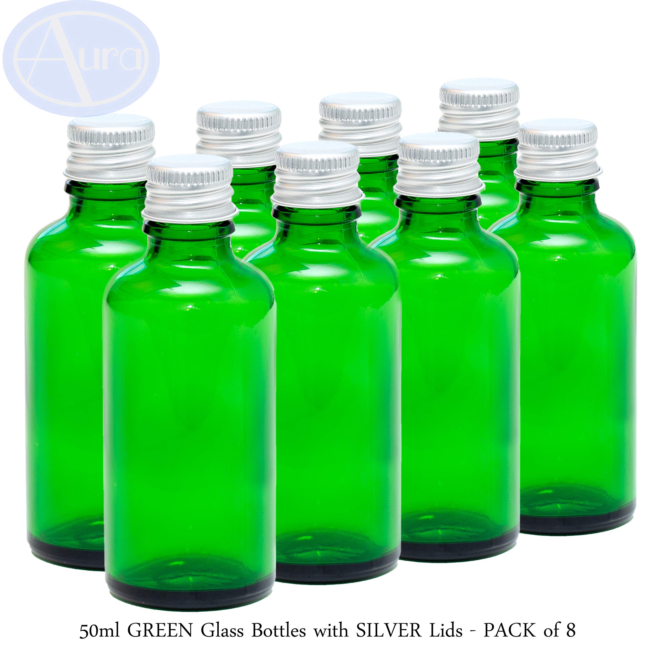 Aura 50ml GREEN Glass Bottles with SILVER Lids - PACK of 8