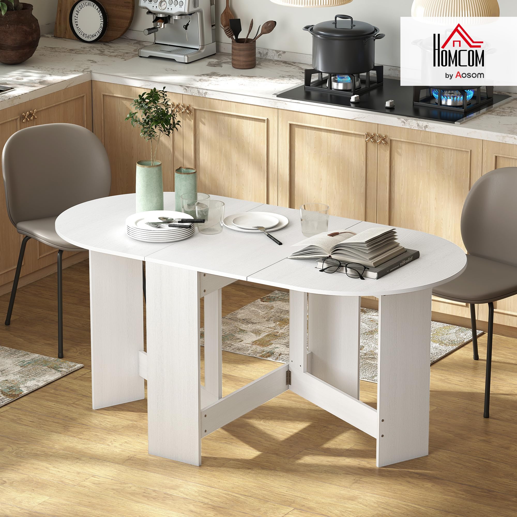 HOMCOM Table à Manger Pliante jusqu'à 6 Personnes Blanc | Table Pliante Cuisine Ovale, pour Petits Espaces, Salle à Manger