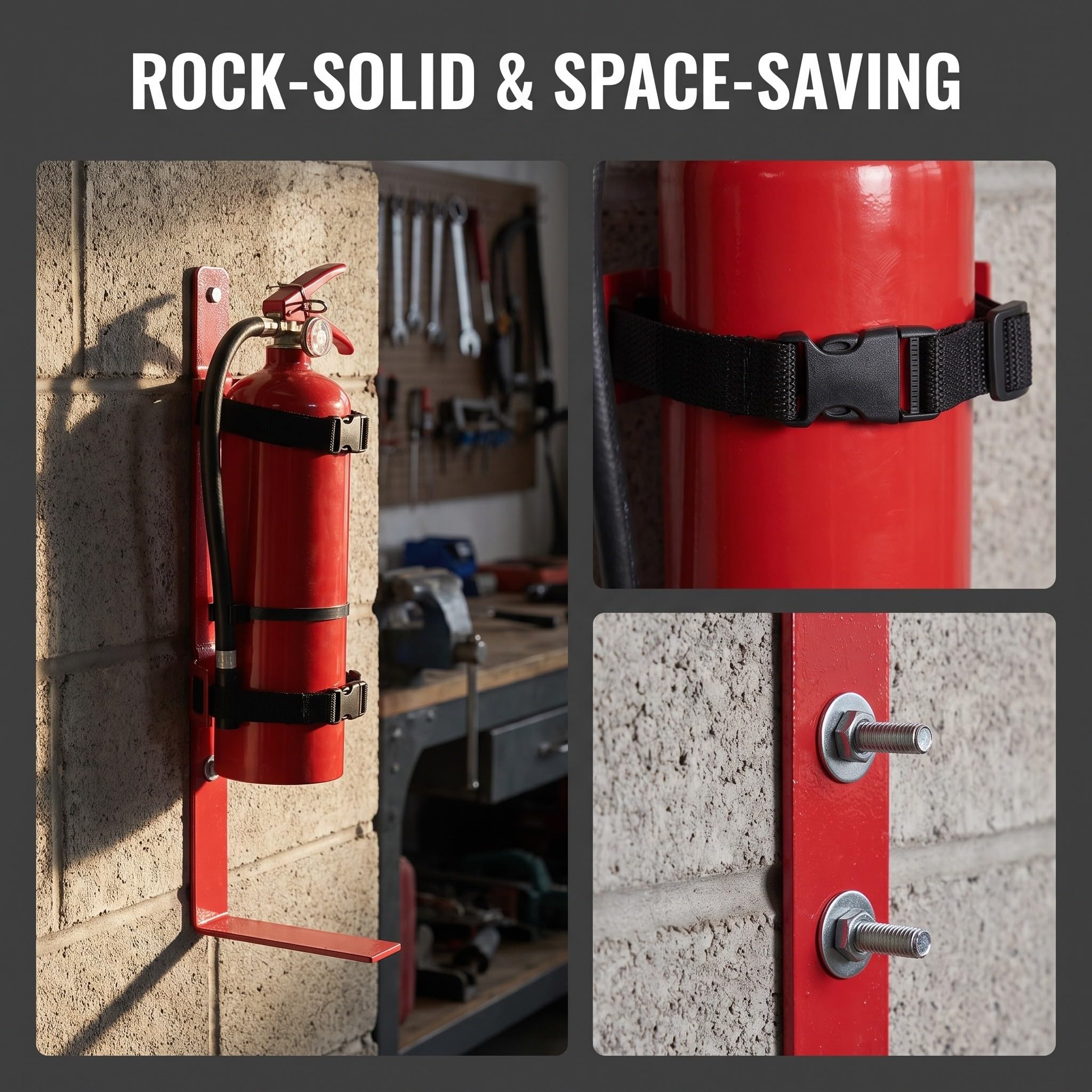 Soporte metálico para extintor: Soporte de pared para extintores de 4 a 9 kg - Resistente con correa de liberación rápida - Ajuste universal para hogar, garaje y almacén