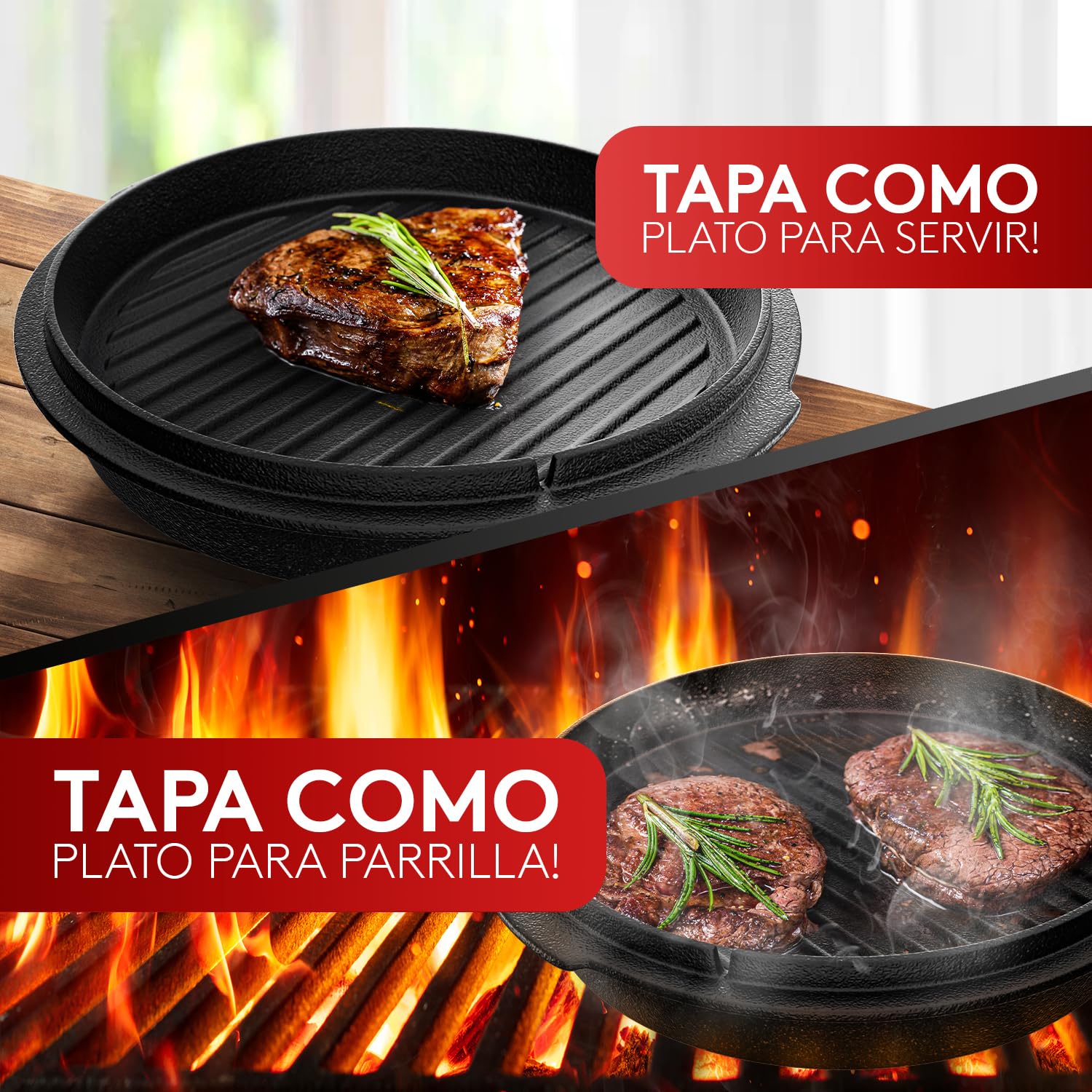 aste of Fire [El Original] - Horno Holandés de Hierro Fundido 7,4L con Patas y Tapa de 1,8L con Doble Función como Sartén Parrilla – Incl. Levantador de Tapa